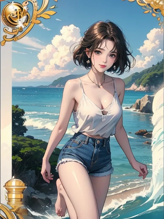(Highest quality、masterpiece、High resolution、8K)、Vibrant colors、Young and beautiful woman 1、whole body、Brown and black short bob、barefoot、(Detailed face、Beautiful Eyes、Beautiful nose、Pretty lips)、Beautiful cleavage、A woman wearing a white T-shirt and shorts、Running on the beach、Surprised Smile、looking at the camera、Official Art、The background is the sea、blue sky、White waves and wide sandy beach、Wide forest、White Entrance Cloud、