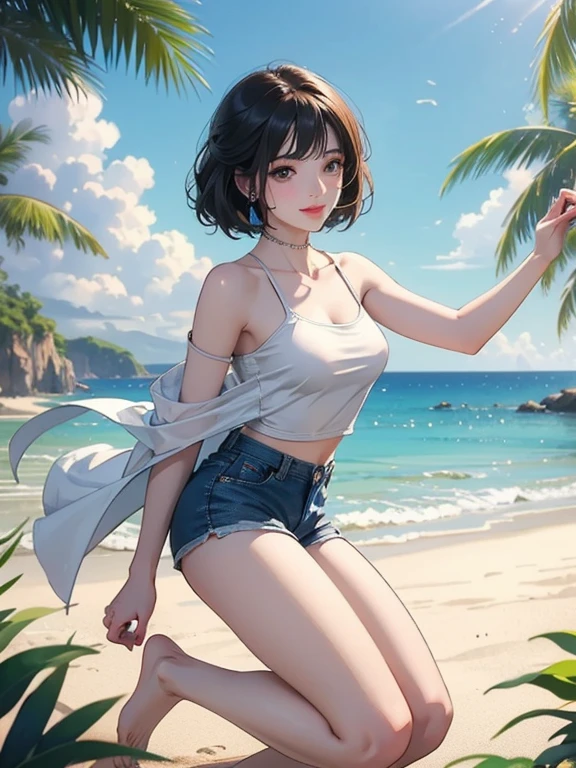 (Highest quality、masterpiece、High resolution、8K)、Vibrant colors、Young and beautiful woman 1、whole body、Brown and black short bob、barefoot、(Detailed face、Beautiful Eyes、Beautiful nose、Pretty lips)、Beautiful cleavage、A woman wearing a white T-shirt and shorts、Running on the beach、Surprised Smile、looking at the camera、Official Art、The background is the sea、blue sky、White waves and wide sandy beach、Wide forest、White Entrance Cloud、