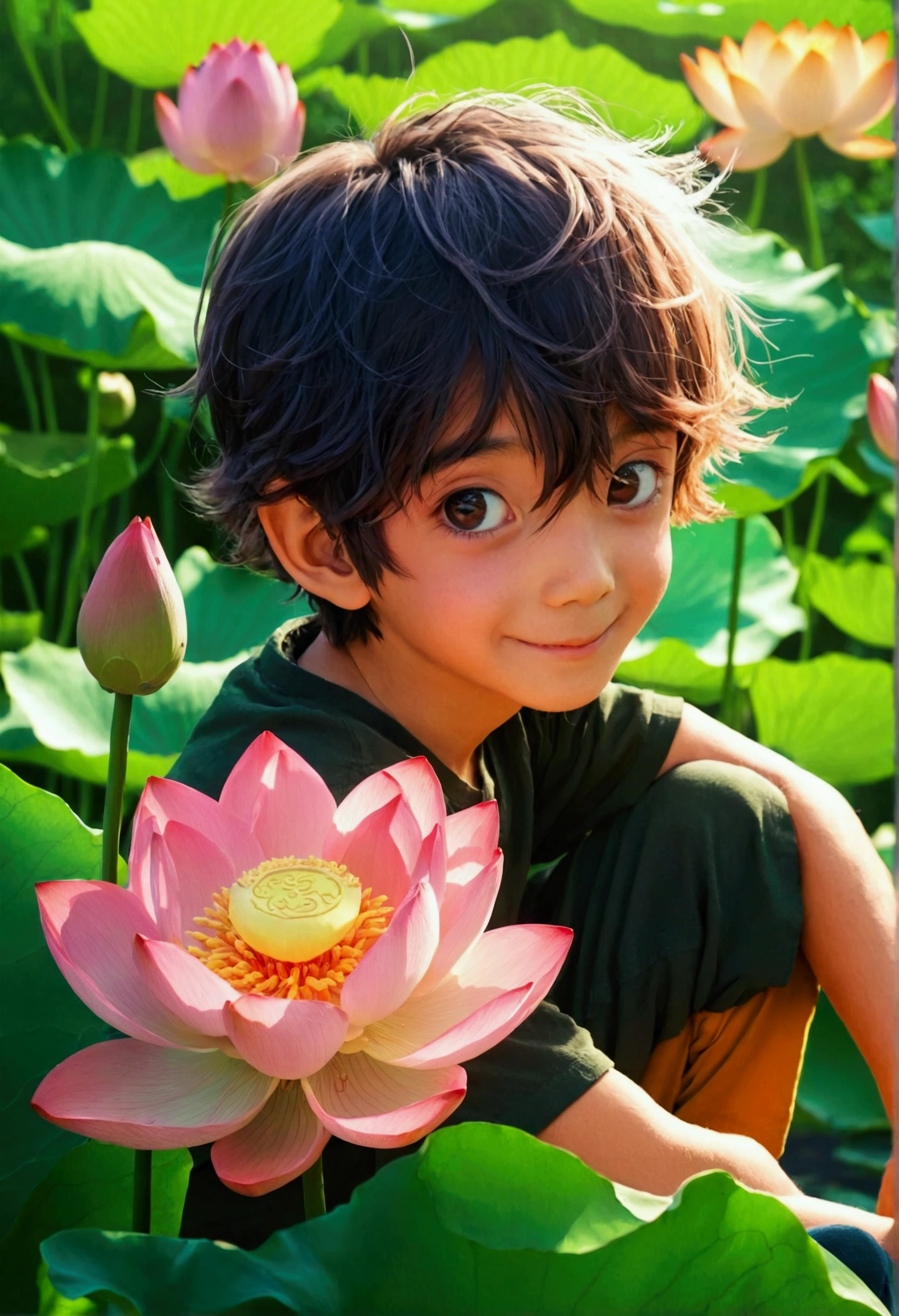 boy sitting next to lotus flower, anime, face happy