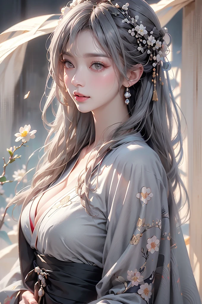 super high quality, masterpiece, Perfect illustration, Very detailed (Exquisite light and shadow, Very dramatic photo,Backlight) , ((Gray Hair:1.5))1 Girl,(( alone:1.6)), (Wearing Japanese clothes, Black and white kimono,Monotony,Long sleeve、Twelve-layered kimono) Flower Field, Flowers, (White smoke:1.3) (Realistic:1.4), Zen Intertwining, Tangled, Official Art, unity 8k wallpaper, Very detailed, Beautiful and beautiful, masterpiece, Highest quality, (Dynamic Angle: 1.4), Glowing Skin, (Floating colorful flashes: 1) The most beautiful chaotic shapes, elegant, Brutalist Design, Bright colors, Romantic Depth of Field Exotic_dance, half_naked、(Separate sleeves:1.4, Expose your shoulders、Ample breasts、Beautiful cleavage)(side view)