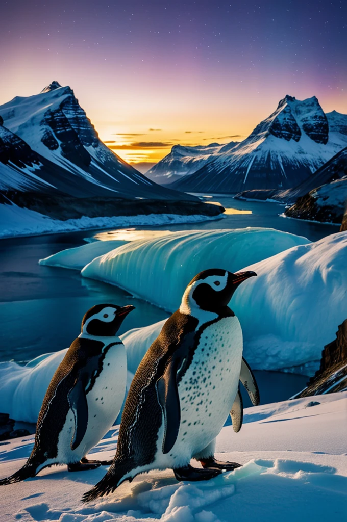 Two penguins with a background of northern lights giving the sunrise with a background of ice mountains