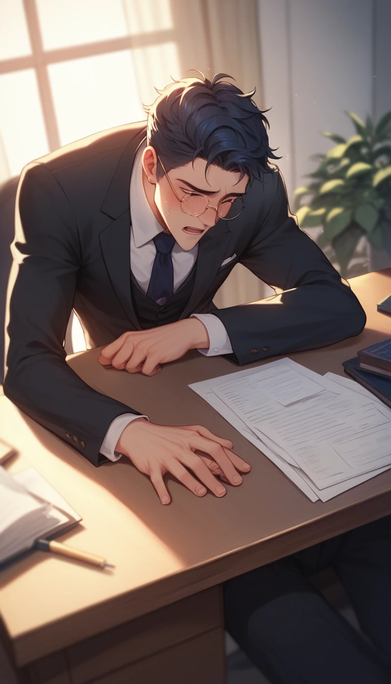 best quality, masterpiece, yaoi, 2boys, two nude handsome men with medium length curtain hairstyle, skinny build, cute round face, glasses, black suit, exposed torso, cries out loud, masturbate each other, in dimly lit luxurious office, at night, explosive cumshot, cums onto the table, front view, backlight, cinematic lighting, dramatic shadows