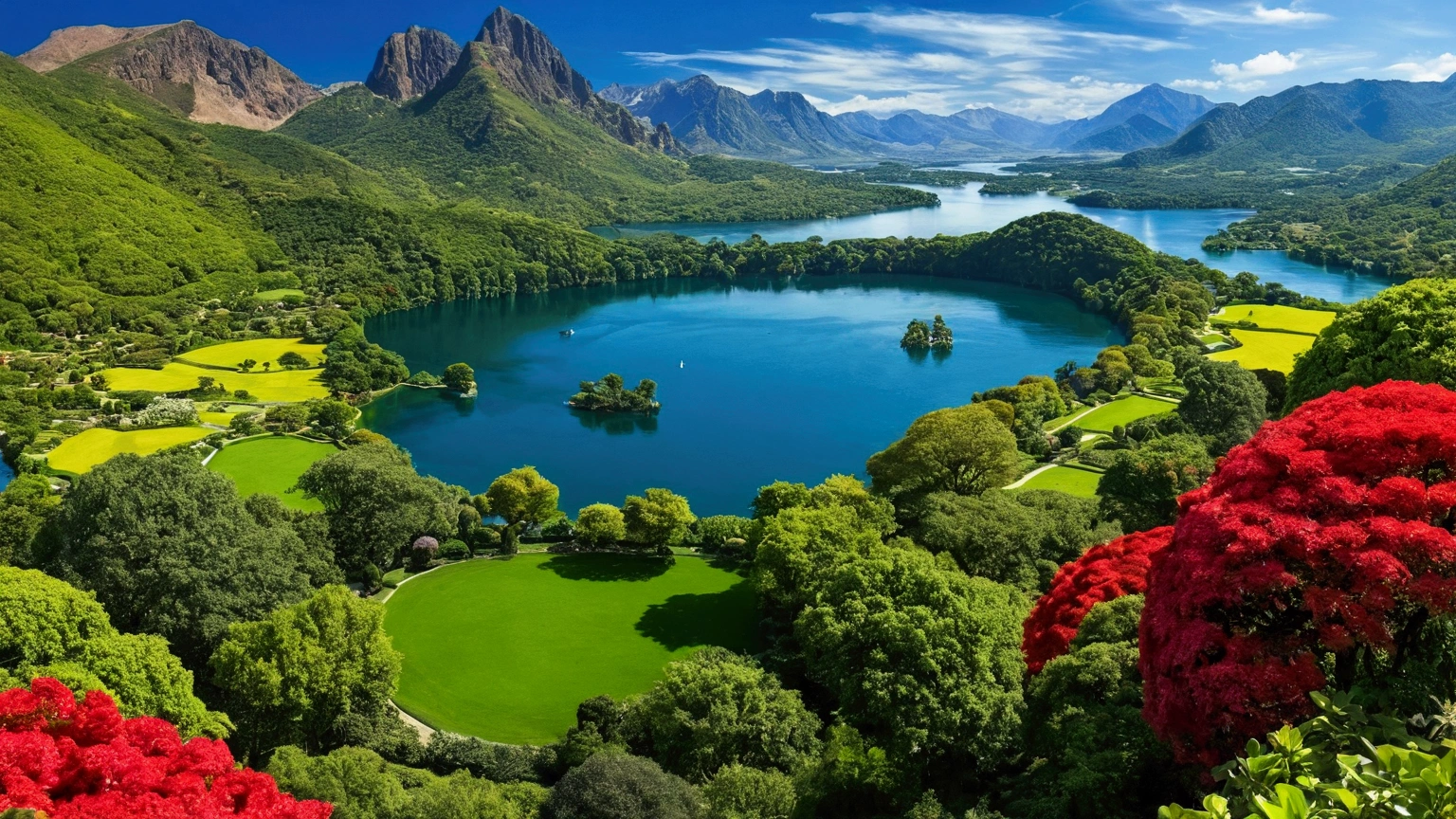 vibrant colors, The Garden of Eden, beautiful perfection, in perceivable beauty, the first place on earth, heaven on earth, lake, mountains, birds eye view