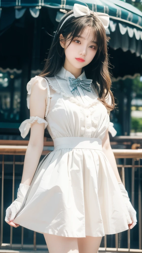 masterpiece, best quality, Beautiful Lights,(Practical, photo-Practical:1.2),(Depth of Field:1.3),
1 Girl, Solitary,Mix 4, (Practical:1.1), (photoPractical:1.1), (masterpiece:1.1), (best quality:1.1), Extremely detailed,
ta_skirt, Natural Lighting,(Pure face_v1:0.8), (Amusement park in the background:1.1),cap,(Off-white long gloves),( Wearing a bow tie),Loli,Look head-on at the audience