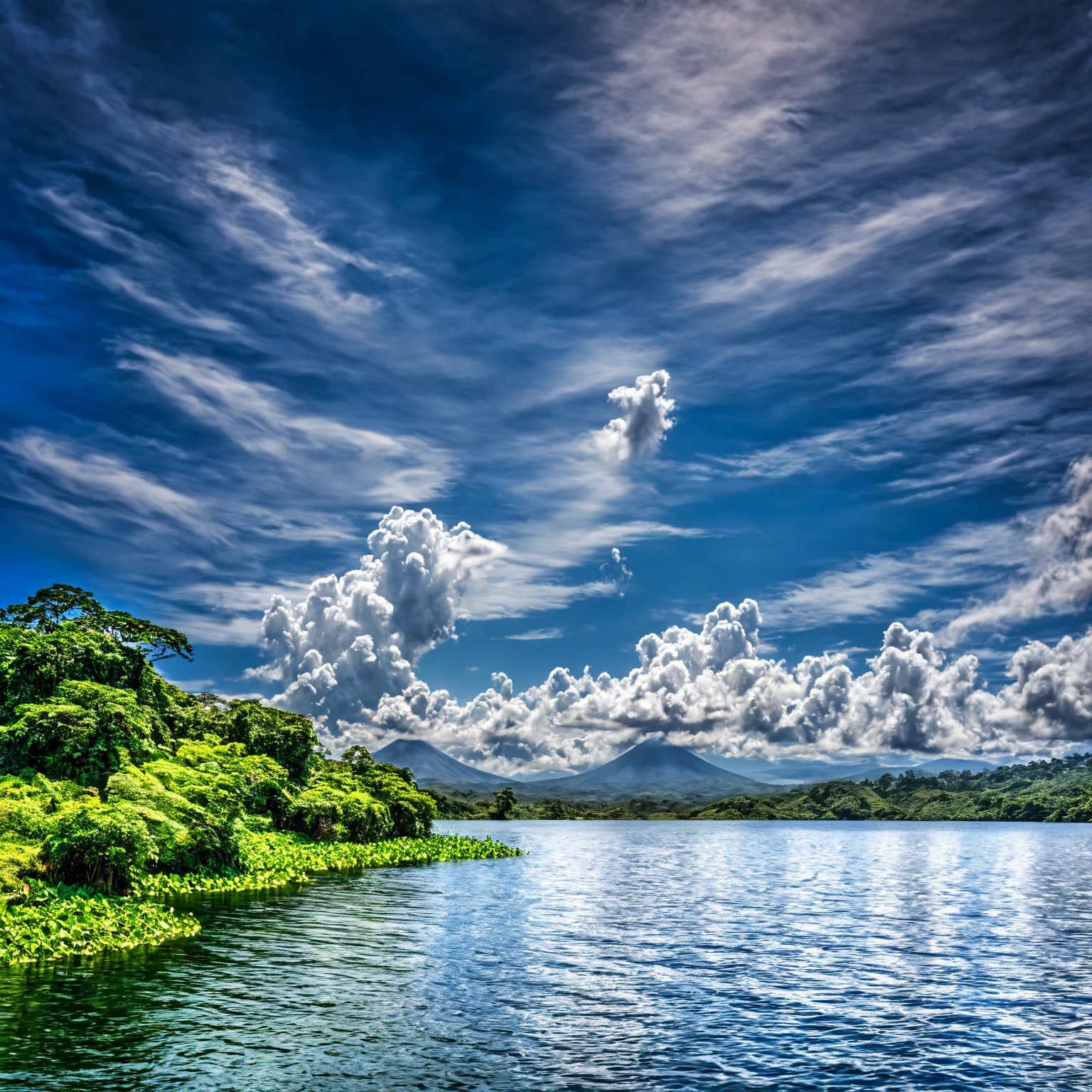 Summer sky,((Painterly style), Realistic, highly Realistic, Attention to detail, breathtakingly Realistic, High contrast realism, High Saturation Realism, Vibrant colors), (Lake in Costa Rica,,Clouds go, Mountains visible in the distance々:1.3),Dramatic lighting, Fascinating landscape, Persuasive storytelling, Atmospheric scene, Captivating visuals, Intricate details, Strong emotions, Heavenly Beauty, A dreamlike world
