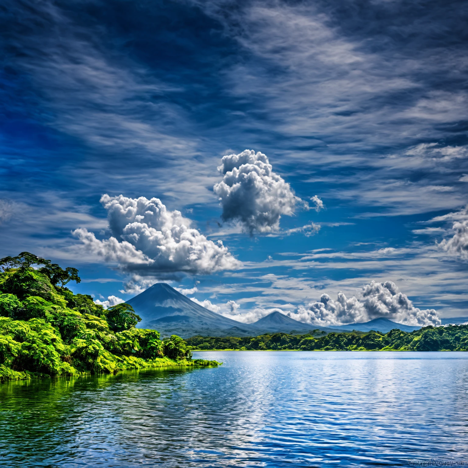 Summer sky,((Painterly style), Realistic, highly Realistic, Attention to detail, breathtakingly Realistic, High contrast realism, High Saturation Realism, Vibrant colors), (Lake in Costa Rica,,Clouds go, Mountains visible in the distance々:1.3),Dramatic lighting, Fascinating landscape, Persuasive storytelling, Atmospheric scene, Captivating visuals, Intricate details, Strong emotions, Heavenly Beauty, A dreamlike world