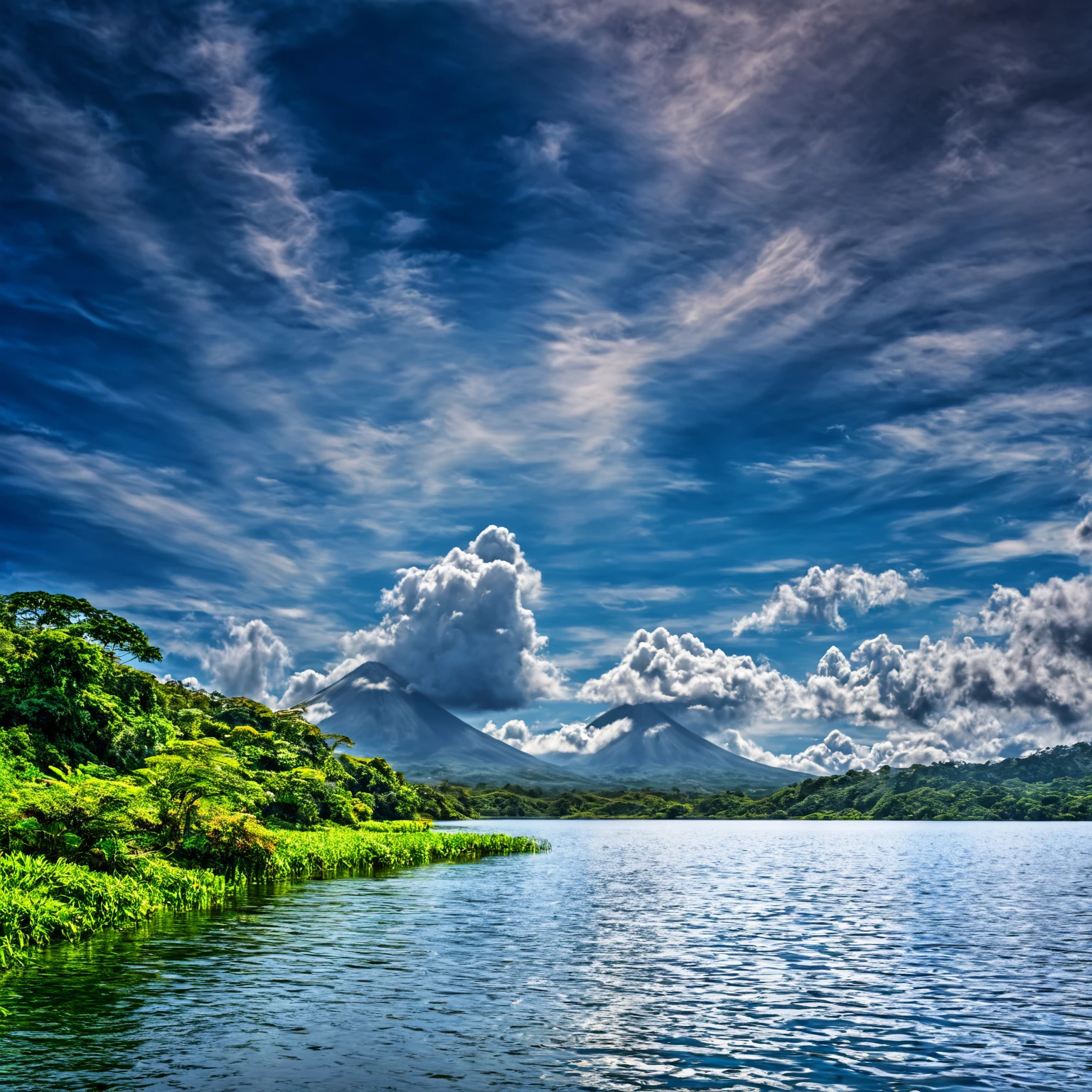 Summer sky,((Painterly style), Realistic, highly Realistic, Attention to detail, breathtakingly Realistic, High contrast realism, High Saturation Realism, Vibrant colors), (Lake in Costa Rica,,Clouds go, Mountains visible in the distance々:1.3),Dramatic lighting, Fascinating landscape, Persuasive storytelling, Atmospheric scene, Captivating visuals, Intricate details, Strong emotions, Heavenly Beauty, A dreamlike world