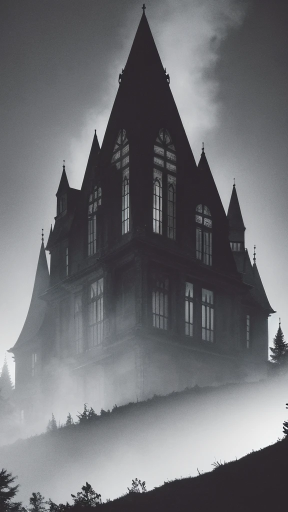 a dark mansion in a pine forest, moonlit night, tall dark silhouette of a figure, eerie atmosphere, moody lighting, detailed architectural elements, gloomy mood, dramatic shadows, photorealistic, cinematic, muted color palette, gothic, horror, mystery, monster, the real old house
