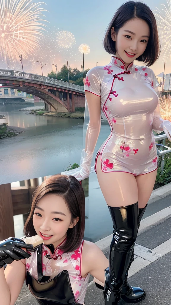 (Tabletop:1.0), (highest quality:1.4), (High resolution:1.2), (Realistic:1.4), (8k, RAW Photos:1.2), (Soft Focus:1.4),(close up:1.2),break,a girl walking and wearing slime qqipao,Smiling while taking a photo.............................................................,(a girl wearing sticky cream qipao:1.4),(sticking out their tongue:1.2),BREAK,Smooth and tight boots, Clear skin,latex, Translucent body,latex Shiny,Perfect Fingers,(Shiny latex gloves:1.2), gloves that fit their skin,break,BREAK,bob hair,(vermilion hair:1.2),(smile:1.2),glossy Shiny reflective, Makeup,Japanese Goddess, Glowing Skin,Gorgeous Japanese Model,Shiny,Shiny,(leather black boots:1.2),(wide boots:1.3),wrinkles,break,Detailed Background,(on the bridge road:1.1),(fireworks are going off in the background:1.1)