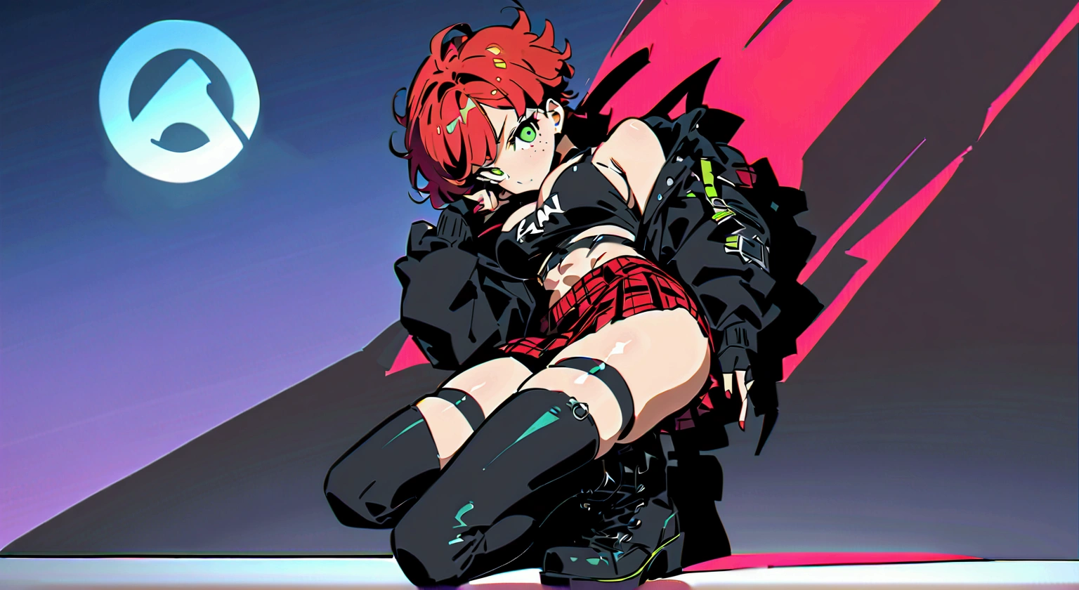 woman, curly red pixie cut hair, green eyes, wearing crop top black shirt, long black jacket, red plaid skirt, (black knee high boots), black fingerless gloves, exposed shoulders, (full body), large breasts freckles, cleavage, abs, looking at viewer, masterpiece, best quality, an14, Holo-Punk Style