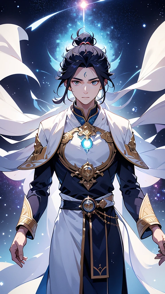 

"A young male cultivator with an aura of wisdom and power is standing in the infinite expanse of space. He stands tall and confident, with an air of grace and authority. He is dressed in flowing traditional robes that are adorned with intricate celestial patterns, which seem to shimmer with a faint, otherworldly light. His long, dark hair cascades down his back, partially tied in an elegant topknot, with a few strands gently floating as if moved by an unseen breeze. His eyes are calm and focused, reflecting the endless cosmos around him. The backdrop is a stunning display of stars, galaxies, and nebulae, creating a magnificent and mystical atmosphere. The overall scene captures the essence of his spiritual journey and his profound connection to the universe. The wallpaper has a 9:16 aspect ratio, making it perfect for modern screens."
