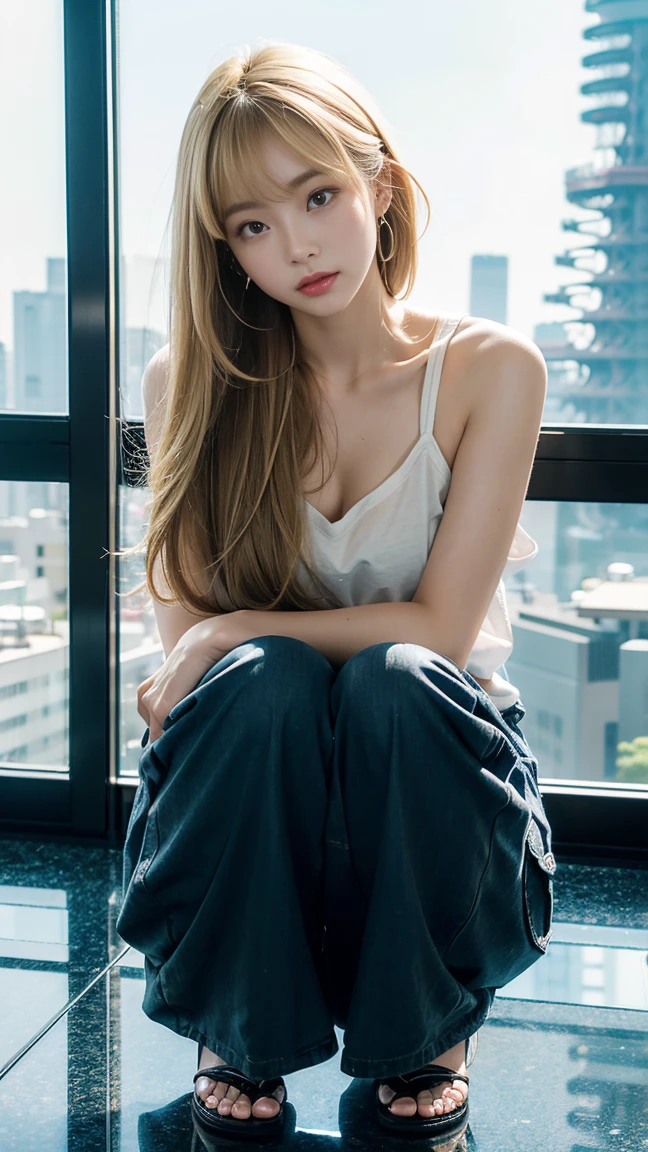 (Inside the Tokyo Skytree observation deck)、((Glass floor))、Magic Mix Real、(RAW Photos:1.2)、(Realistic:1.4)、beautifulディテールの美しさ、mini skirt、Delicate expression、blonde、((I can see your pants))(Squat bench)　eyelash　beautiful, Subtle details、Large file size、Very detailed、High resolution、Transcendental beauty　Highest quality、masterpiece、、(Japanese women&#39;Fashion))、Very detailed 、growing up、In detail、Very detailed 、22-year-old girl、positive、((Dynamic pose)))、(Sit with your knees bent.))、（Short sleeve sweatshirt、Denim skirt、running shoes）、Sexy upward glance、(Crying in panties for the camera))、
