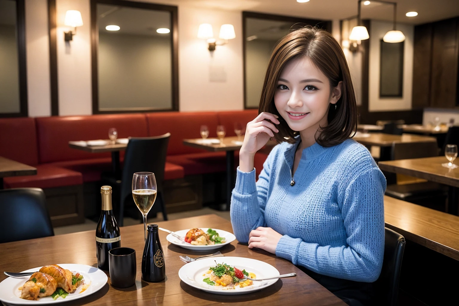 ((Highest quality、8K、masterpiece:1.3))、cute、slimカップル、modelカップル、actress男優、(Realistic, Intricate details:1.2), full-course dinner、Wine Party、Amazing view of the sunset sky and clouds、A bright smile、short hair,Bright Face、 (Age 44), Age 42, red wine 、Appetizers、Italian food、Wine bottle、Champagne、sparkling wine、Two beauties、Brown Hair、Shortcuts、Long sleeve shirt、dress、Beautiful woman 1, (slimな顔), (The body is slim), (Brown Hair), (Shortcuts), cheeks turn a little red,Attractive beauty、restaurant, In a prominent place (From the waist up) Nova Frog Style, actress, model, Upper Body, White wine, slim, wine glass, 中央に置かれたwine glass, smile, (smile: 1.15), Beautiful fine grain, Depth f/2,saturation, High Contrast, Strong light and shadow,Moist Body:1.5、3D texture、Delicate eyes、Brown Hair、The hair is very shiny、