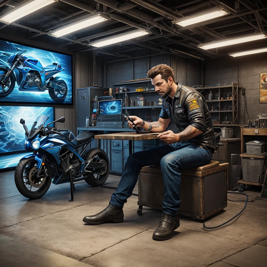 a man sitting at a table in front of a motorcycle, mechanic, add text: auto repair, sylvain sarrailh and igor morski, computer game art, digital studio art, stunning digital illustration, detailed digital 3d art, ultra realistic 3d illustration, motorcycle concept art, exquisite digital illustration, hyper realistic digital art, workshop background, 3 d artist