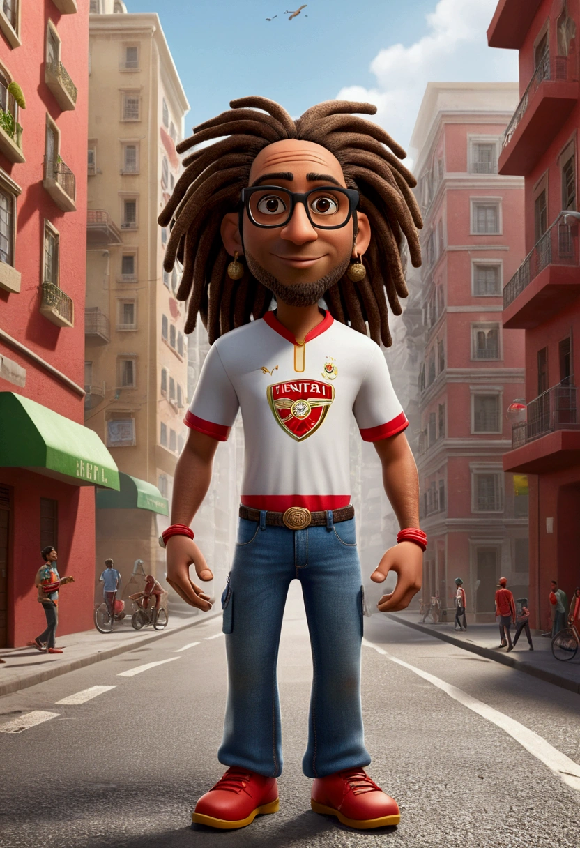 Pixar-inspired 3d poster capturing a scene with a 38-year-old light-skinned Indian man with dreadlocks on his head, wearing glasses with a transparent rim, wearing a Benfica football shirt, 1.80 cm tall, with tight jeans, athletic build, walking down a street with high buildings