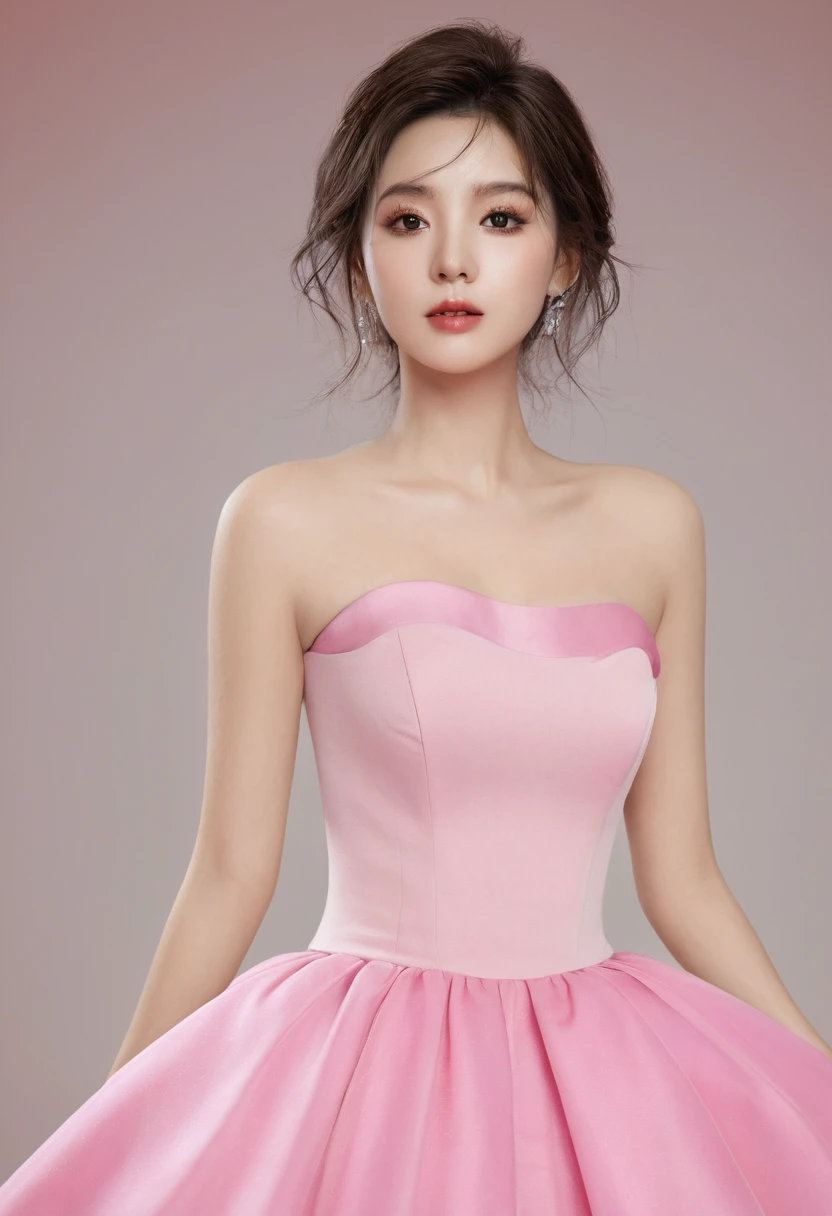 best quality, masterpiece, Ultra-high resolution, (Reality: 1.4), original photo, 1 Girl, Pink strapless, light