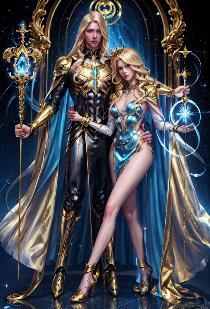 (masculine, man) (just one model) (android) (blonde hair that reaches to her heels) (bright blue eyes) (Slim and toned body) (Wear a god-inspired outfit with gold details, and a scepter in his hand) (golden scepter in hand) (laboratory background) (holding a bird in his hands) (very long hair that reaches to her heels) (man android con estrellas alrededor) (Shining stars) (man, masculine de cabello rubio largo hasta sus talones)