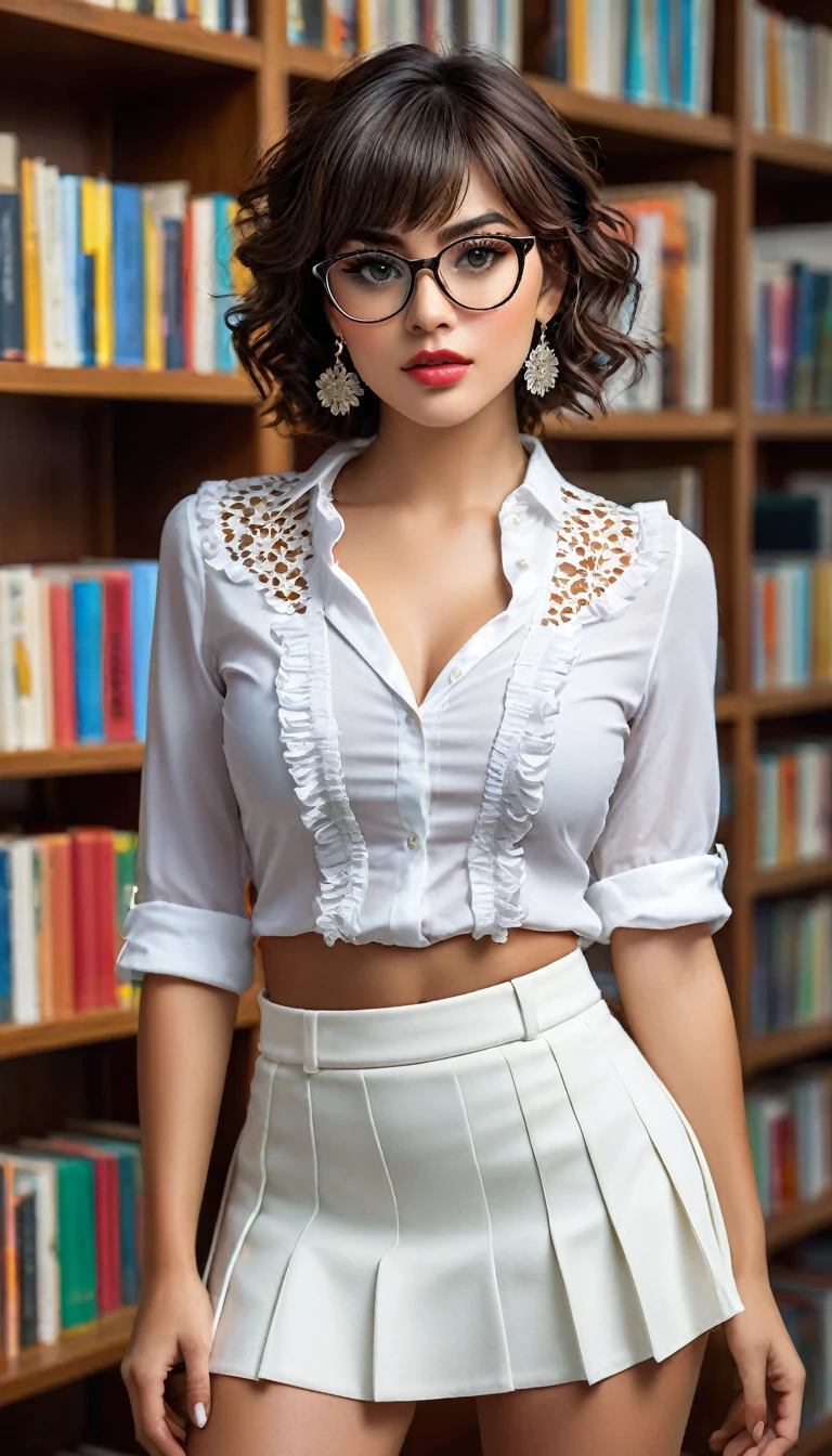 (((beautiful beautiful Isabela Merced, posing for uploadss, looking sexy, ruffled lips, Cabelo curto e curly, extremely pretty eyes))), ((wearing floral silver necklace)), realistic uploadsgraph, highy detailed, Foco do pointed, (Main lighting), (indoor bookstore environment), artwork, extremely pretty, Perfect beauty, (perfect shape body, Broad Hips, small waist, thick-thighs, firm abs, Body cute, knees, knees, focus on the knees, breasts small), cabelo curto com franja, short hair with bangs covering the forehead, cabelo curto com franja ((((short hair with bangs covering the forehead)))), ((30 years old)), (extremely detaild 8k wallpaper), ((face detailed)), (((wearing white shirt, saia curta de tweed, knees, knees, stitched nylons, Strad sandals)), (long dark eyelashes), (((earrings))), ((())), (((seen from behind))), (looking at the camera), ((())), (glamor model), (seductive facial expression) (((standing between high shelves full of books))), extremely detaild, artwork, Intricate details, highy detailed, Foco do pointed, skin detailed, realistic skin texture, texture, detailedeyes, high resolution, kodak vision color, uploads_\(ultra\), Post-processing, maximum detail, roughness, real-life, ultra realistic, uploadsrealism, uploadsgraphy, absurderes, RAW uploads, highest quallity, high detail RAW color uploads, professional uploads, extremely detaild UHD 8k wallpaper unit, best quality, high resolution, (artwork, maximum quality, high resolution:1.4), uploads, cinematic, Film grain, pointed, soft natural light, magic uploadsgraphy, super verbose, ((whole body: legs 1.3)), librarian glasses, nerd glasses, ((pleated miniskirt: miniskirt 1.3)), unbuttoned blouse with cleavage