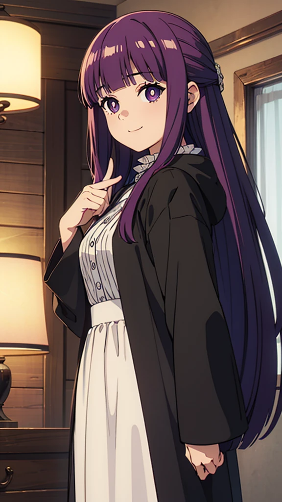 è²ä¼¦,1girl,solo,red-haired,long hair,green eyes,blunt bangs,sidelocks,half updo,bright pupils, hair ornament,frilled collar,black robe,white dress,center frills,buttons,wide sleeves,long sleeves,curvy,cowboy shot,brown coat,from side,smile,, Exquisite visuals, high-definition,masterpiece,best quality,, 20yo,Young female,Beautiful Finger,Beautiful long legs,Beautiful body,Beautiful Nose,Beautiful character design, perfect eyes, perfect face,expressive eyes, looking at viewer, official art,extremely detailed CG unity 8k wallpaper, perfect lighting,Colorful, Bright_Front_face_Lighting,shiny skin, (masterpiece:1.0),(best_quality:1.0), ultra high res,4K,ultra-detailed, photography, 8K, HDR, highres, absurdres:1.2, Kodak portra 400, film grain, blurry background, bokeh:1.2, lens flare, (vibrant_color:1.2), (beautiful_face:1.5),(narrow_waist),