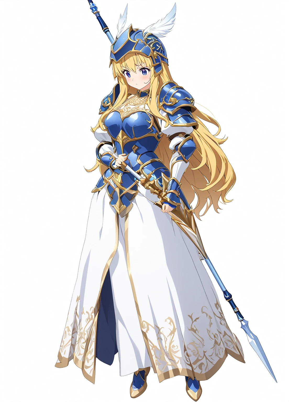 Highest quality, high resolution, High quality game art style, whole body,Valkyrie,Official Art, Smooth game CG art,Cute 3D anime girl render, Visual Novel Sprites, White background,Smooth game CG art, (((Woman with a long spear))),A woman wearing a white dress and blue armor, An intricately designed helmet with white feathers,Small shield, (((Has an exquisite long spear))),Exquisite Blue Armor,Golden Hair, long hair, female knight, Rin々Shii,Don't like to think,Large Bust,,