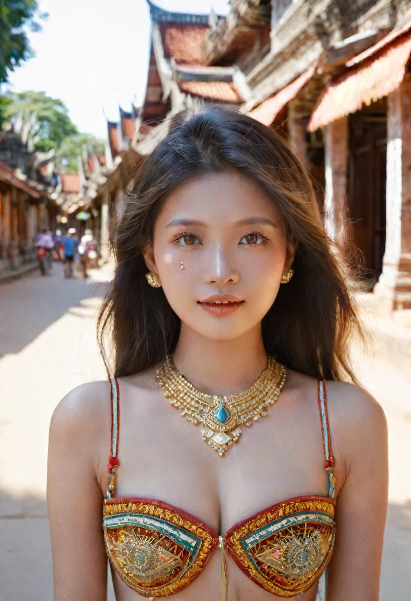 cambodia woman in traditional cambodian teunue in Paro in the heart of cambodia, wear cambodia traditional, photography of stunning girl, in the city, enjoying, girl, summer, hot girl, (((small bust))), brunette hair, looks into the camera, symmetrical face, photorealistic, photography, spectacular lighting,, gorgeous, cleavage, western, (masterpice), best quality, high resolution, extremely detailed, skin with pores, blurred background, depth of field, cinematic lighting