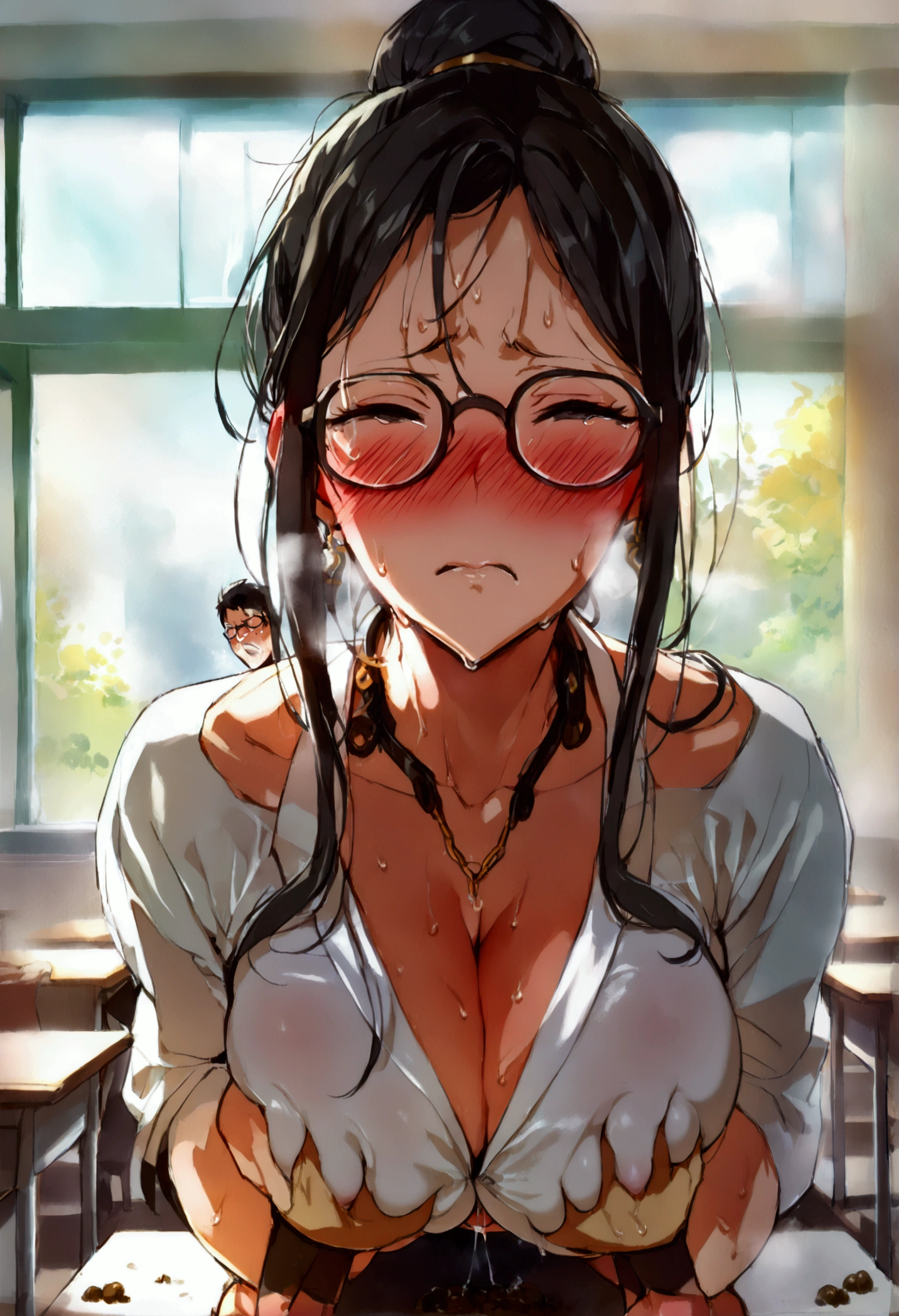 masterpiece,Best Quality,(ultra-detailliert:1.2), Beautiful eyes,Beautiful hair,Beautiful face,Beautiful skin, japanese female teacher, 29 years old, (((black hair))), black eyes, kind eyes, (((small eyes))), ((huge breast)), elegant lady, adult woman, (((((milf))))), widow, (((glasses))), (single hair bun), black stocking, black pumps, (((slave collar))), (((squat classroom))), ((blush)), trouble face, (embarrassed), (((boy standing behind))), (((boy grabbing hip))), (((naked))), (((sweat))), (steam), (((close eyes))), (tearful), (((painful))), (((((hands on sotmach))))), (((((lean forward))))), (((abdominal pain))), (((rubbing stomach))), (gritting teeth), (from behind), (((leak poop))), (hard lump of poop like sausage), (dark brown excrement), (from below)