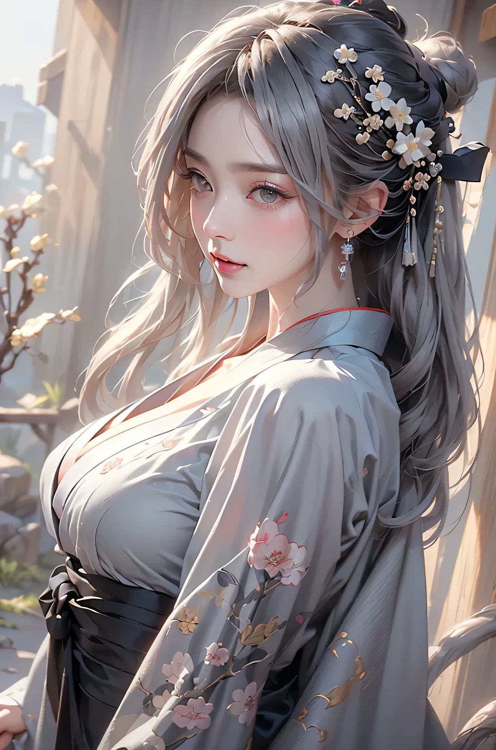 super high quality, masterpiece, Perfect illustration, Very detailed (Exquisite light and shadow, Very dramatic photo,Backlight) , ((Gray Hair:1.5))1 Girl,(( alone:1.6)), (Wearing Japanese clothes, Black and white kimono,Monotony,Long sleeve、Twelve-layered kimono) Flower Field, Flowers, (White smoke:1.3) (Realistic:1.4), Zen Intertwining, Tangled, Official Art, unity 8k wallpaper, Very detailed, Beautiful and beautiful, masterpiece, Highest quality, (Dynamic Angle: 1.4), Glowing Skin, (Floating colorful flashes: 1) The most beautiful chaotic shapes, elegant, Brutalist Design, Bright colors, Romantic Depth of Field Exotic_dance, half_naked、（Separate sleeves:1.4, Expose your shoulders、Ample breasts、Beautiful cleavage）（side view）
