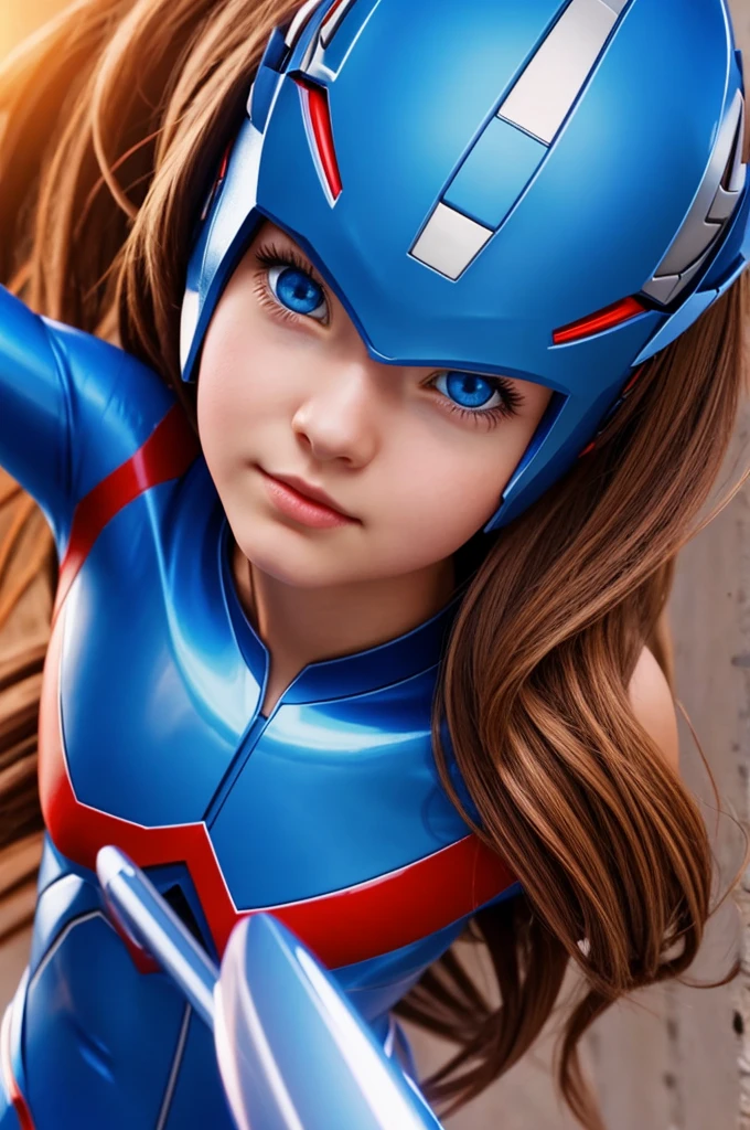 a young girl , warm , blue eyes , carmel hair, ultraman animation style 
