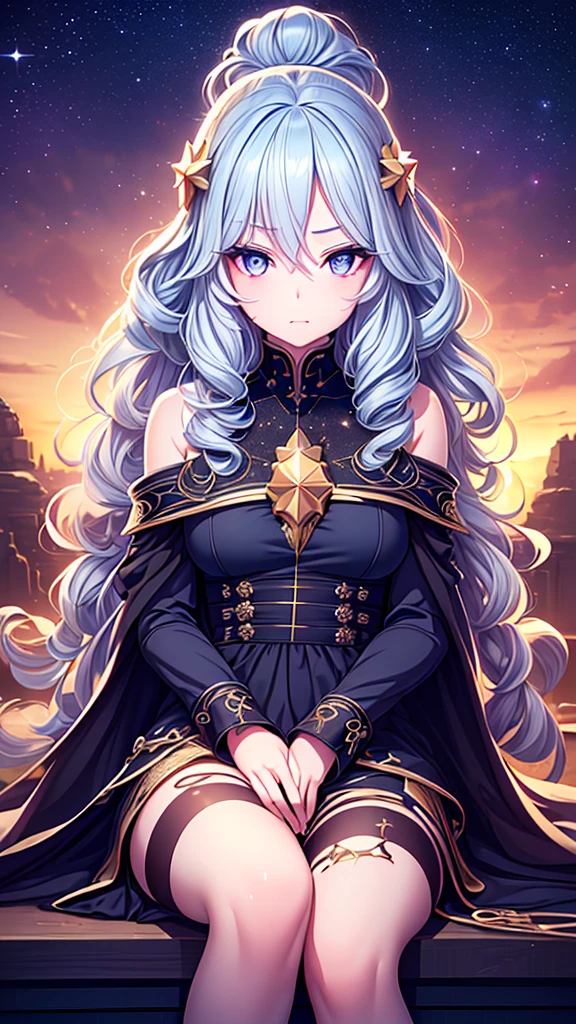 ((best quality)), ((masterpiece)), (detailed), une fille, visage parfait, Longhaire, ((golden hair)), curly hair, decorated cheveux, ultramarine blue eyes,(

Name: Stardust Sidoverlaya
Element: STELLARA
Description: The Celestial Genius, unity preserver of the interstellar kingdom. A wisdom-driven and charismatic leader beloved by cosmic beings for their golden scepter's guidance.
Prompt: ((((észconducto Maestra, La más alta calidad, ultraalt continues resertion)))), 1girl, imaginative, sitting, (long pink tied up ponytail:1), glowing soft peach skin, ((violet eyes:1)), ((glowing_eyes:1)), (((ultra detailed eyes:0.7, beautiful and detailed face, detailed eyes:0.9)))), (((side_view)), (full length)), facing left, (((constellation background, galaxy:0.9))), large breasts, arms crossed, ((expressive face)), ((square jawline)), (((head:1, shoulders, back in view))), (((passive hands on lap)),, sparkling eyes, incredible environment, outer space, space theme, ((adoringly looking at distant stars)), 26 years old, leaning against vast, ancient cosmic sarcophagus, (((introspective)))), ((lively and determined)))
)
