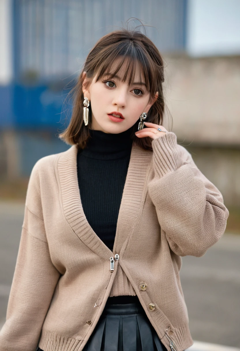 Characterful,, , 1 Girl, Ahog, Bangs, black skirt, black sweater, Blue nails, Vague, Vague background, breast, Brown eyes, Brown hair, brown jacket, Shut up, Outdated, sky, Depth of Field, earrings, eyelash, hands up, Head tilt, jacket, Jewelry, Long hair, Long sleeve, Looking at the audience, medium breast, Nail polish, Open clothes, open jacket, outdoor, Pursed lips, Tuck your shirt into your pants, Side lock, skirt, Sleeves over wrists, Solitary, sweater, Upper Body, zipper, , , ((masterpiece)), , 