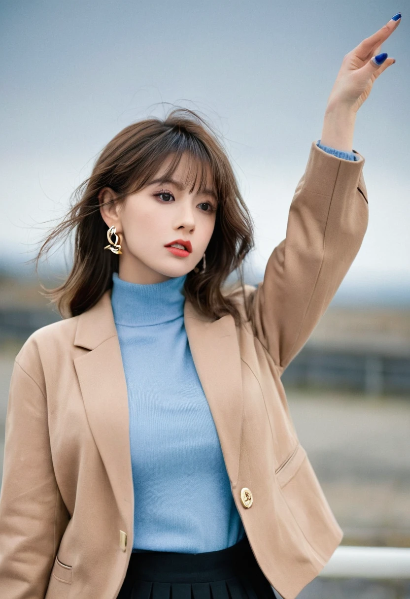 Characterful,, , 1 Girl, Ahog, Bangs, black skirt, black sweater, Blue nails, Vague, Vague background, breast, Brown eyes, Brown hair, brown jacket, Shut up, Outdated, sky, Depth of Field, earrings, eyelash, hands up, Head tilt, jacket, Jewelry, Long hair, Long sleeve, Looking at the audience, medium breast, Nail polish, Open clothes, open jacket, outdoor, Pursed lips, Tuck your shirt into your pants, Side lock, skirt, Sleeves over wrists, Solitary, sweater, Upper Body, zipper, , , ((masterpiece)), ,