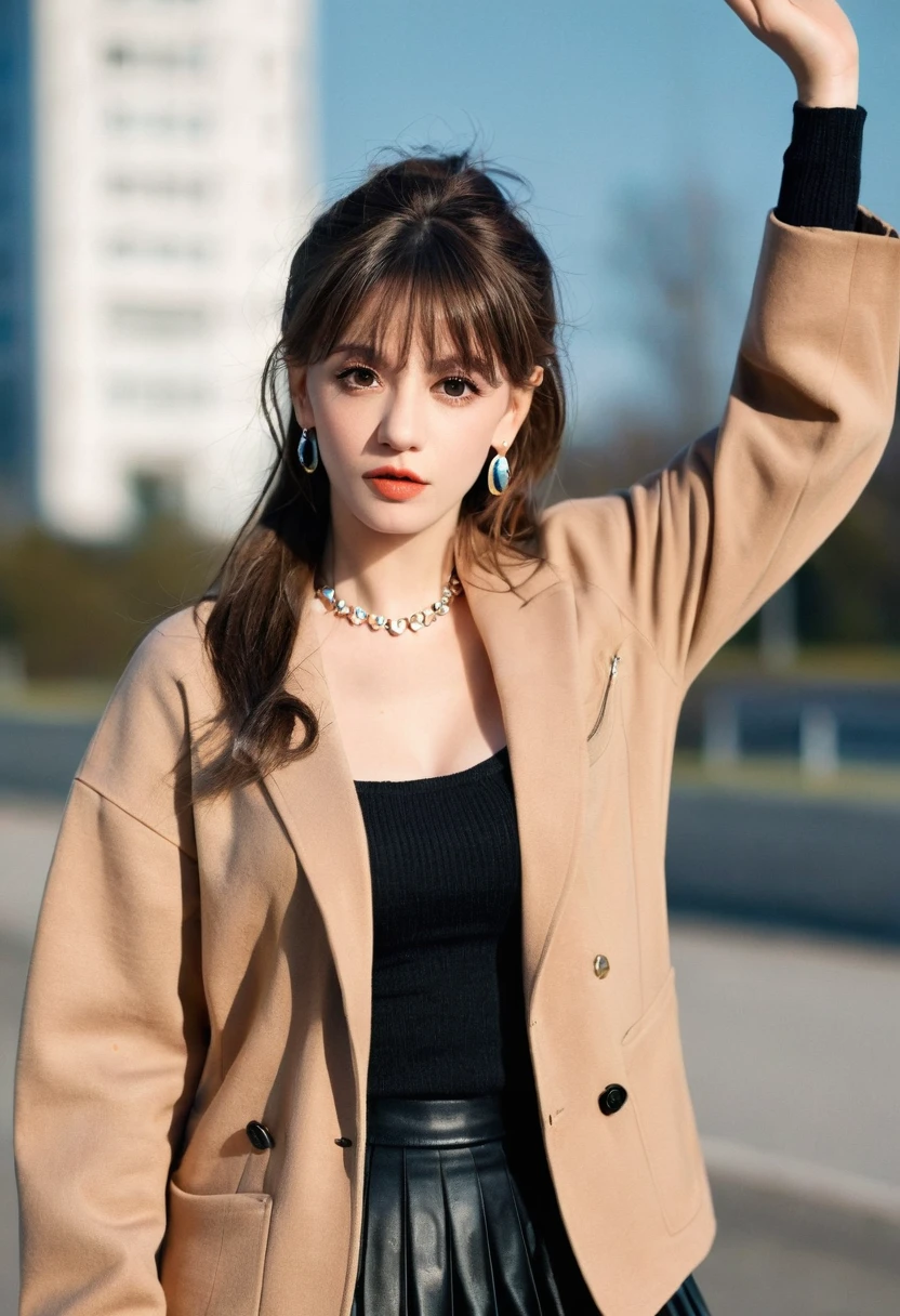 Characterful,, , 1 Girl, Ahog, Bangs, black skirt, black sweater, Blue nails, Vague, Vague background, breast, Brown eyes, Brown hair, brown jacket, Shut up, Outdated, sky, Depth of Field, earrings, eyelash, hands up, Head tilt, jacket, Jewelry, Long hair, Long sleeve, Looking at the audience, medium breast, Nail polish, Open clothes, open jacket, outdoor, Pursed lips, Tuck your shirt into your pants, Side lock, skirt, Sleeves over wrists, Solitary, sweater, Upper Body, zipper, , , ((masterpiece)), , 
