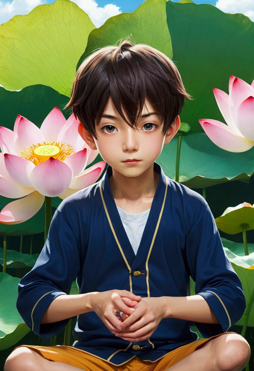 boy sitting next to lotus flower, ((anime type))