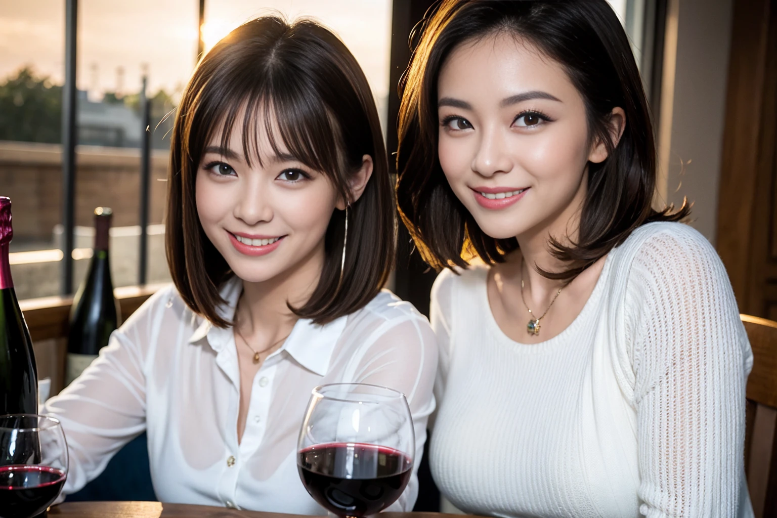 ((Highest quality、8K、masterpiece:1.3))、cute、slimカップル、modelカップル、actress男優、(Realistic, Intricate details:1.2), full-course dinner、Wine Party、Amazing view of the sunset sky and clouds、A bright smile、short hair,Bright Face、 (Age 37), Age 42, red wine 、Appetizers、Italian food、Wine bottle、Champagne、sparkling wine、Two beauties、Brown Hair、Shortcuts、Long sleeve shirt、dress、Beautiful woman 1, (slimな顔), (The body is slim), (Brown Hair), (Shortcuts), cheeks turn a little red,Attractive beauty、restaurant, In a prominent place (From the waist up) Nova Frog Style, actress, model, Upper Body, White wine, slim, wine glass, 中央に置かれたwine glass, smile, (smile: 1.15), Beautiful fine grain, Depth f/2,saturation, High Contrast, Strong light and shadow,Moist Body:1.5、3D texture、Delicate eyes、Brown Hair、The hair is very shiny、