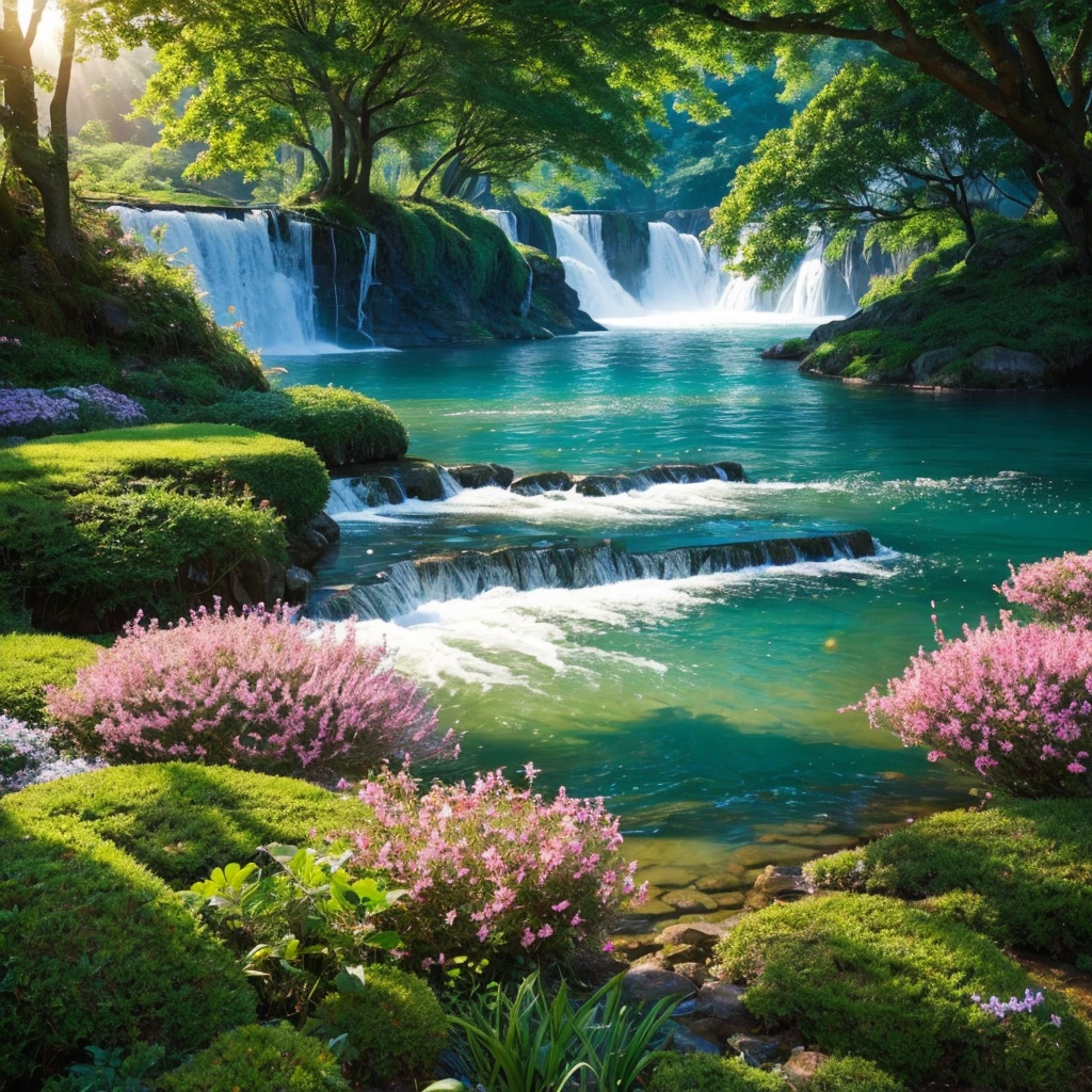 南mysteriousな超巨大なトンネルの中に森がある，There is a huge tree，Different world，The sunlight from the sun shines on the earth，Colorful，Best Quality，8K，mysterious，Fantasy，Different space，There is a super huge waterfall，There are many different creatures，Nature，romantic，A world beyond imagination，Dream world，universe，Huge river，masterpiece，最高masterpiece，perfection