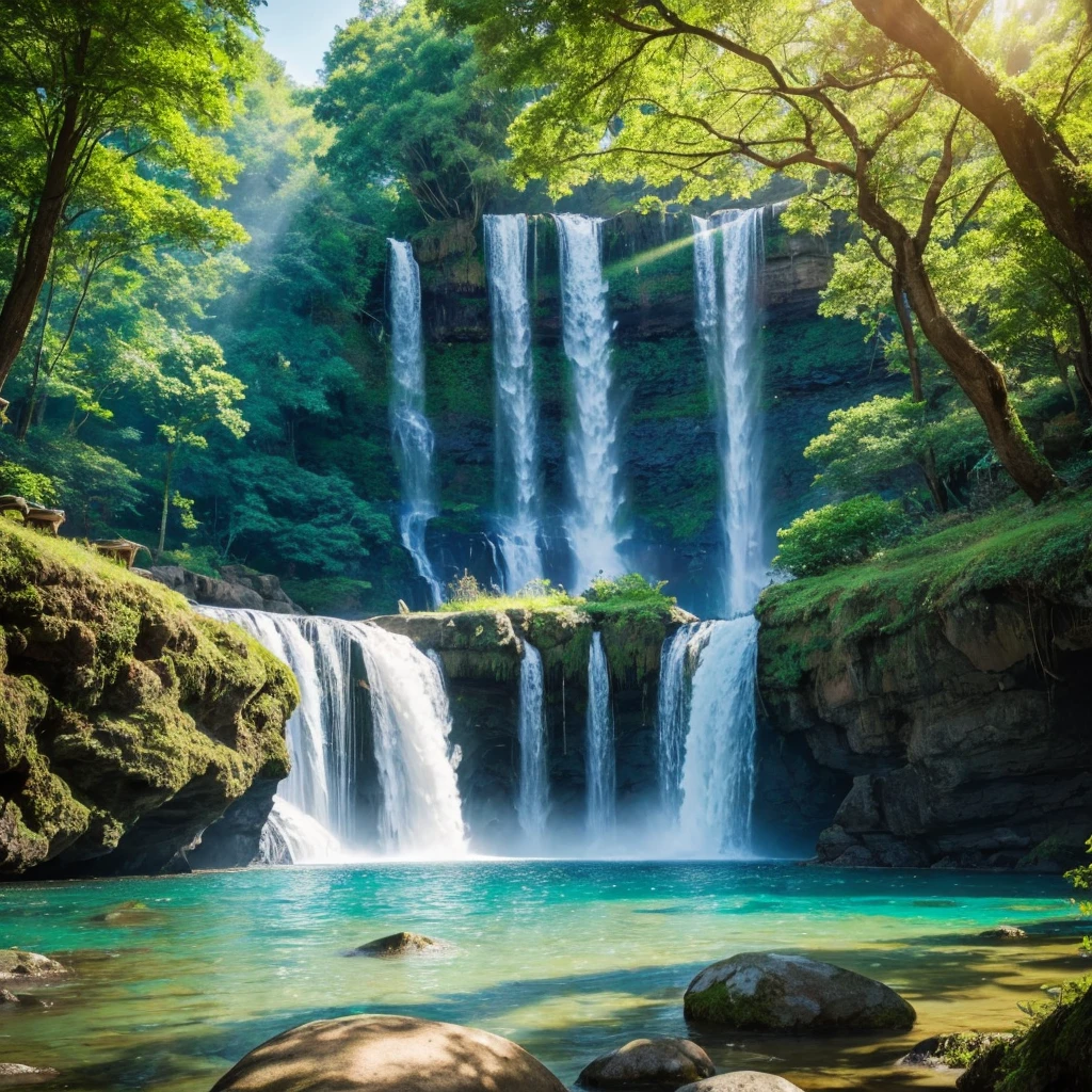 南mysteriousな超巨大なトンネルの中に森がある，There is a huge tree，Different world，The sunlight from the sun shines on the earth，Colorful，Best Quality，8K，mysterious，Fantasy，Different space，There is a super huge waterfall，There are many different creatures，Nature，romantic，A world beyond imagination，Dream world，universe，Huge river，masterpiece，最高masterpiece，perfection