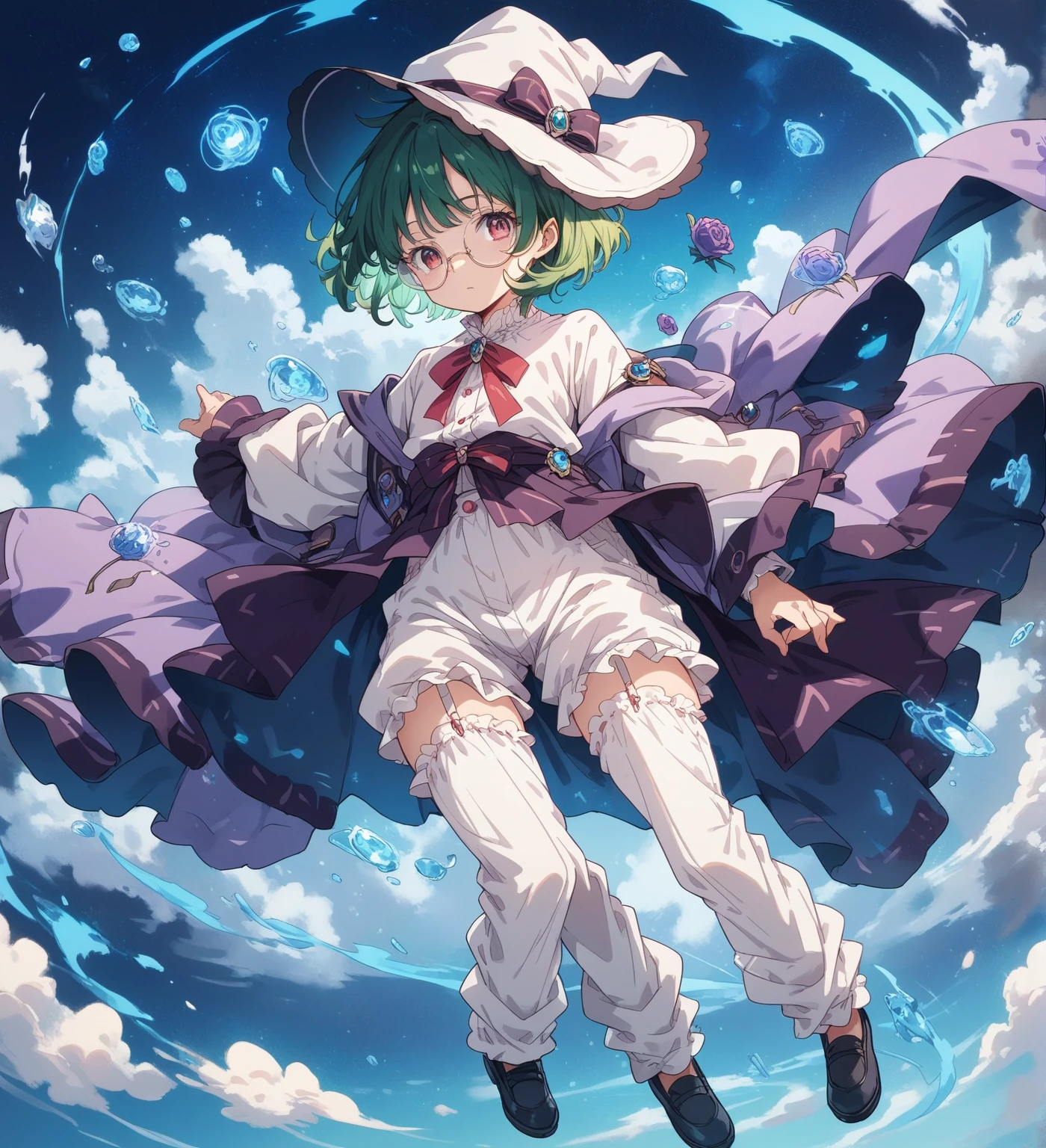 A large witch's hat with a wide frill and a purple rose decoration, a robe with the Duke's coat of arms on the sleeve, a cream-colored blouse, a winered ribbon tie, (a high-waisted skirt), (loose pants,bloomers),garter stockings, and pumps. Curly short cut, green hair, large round glasses　(Zero gravity,Weightless, floating in the air holding my knees)