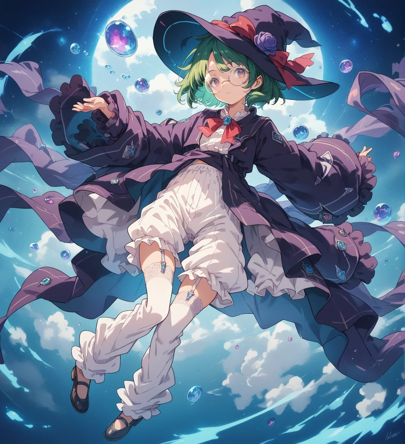 A large witch's hat with a wide frill and a purple rose decoration, a robe with the Duke's coat of arms on the sleeve, a cream-colored blouse, a winered ribbon tie, (a high-waisted skirt), (loose pants,bloomers),garter stockings, and pumps. Curly short cut, green hair, large round glasses (Zero gravity,Weightless, floating in the air holding my knees)