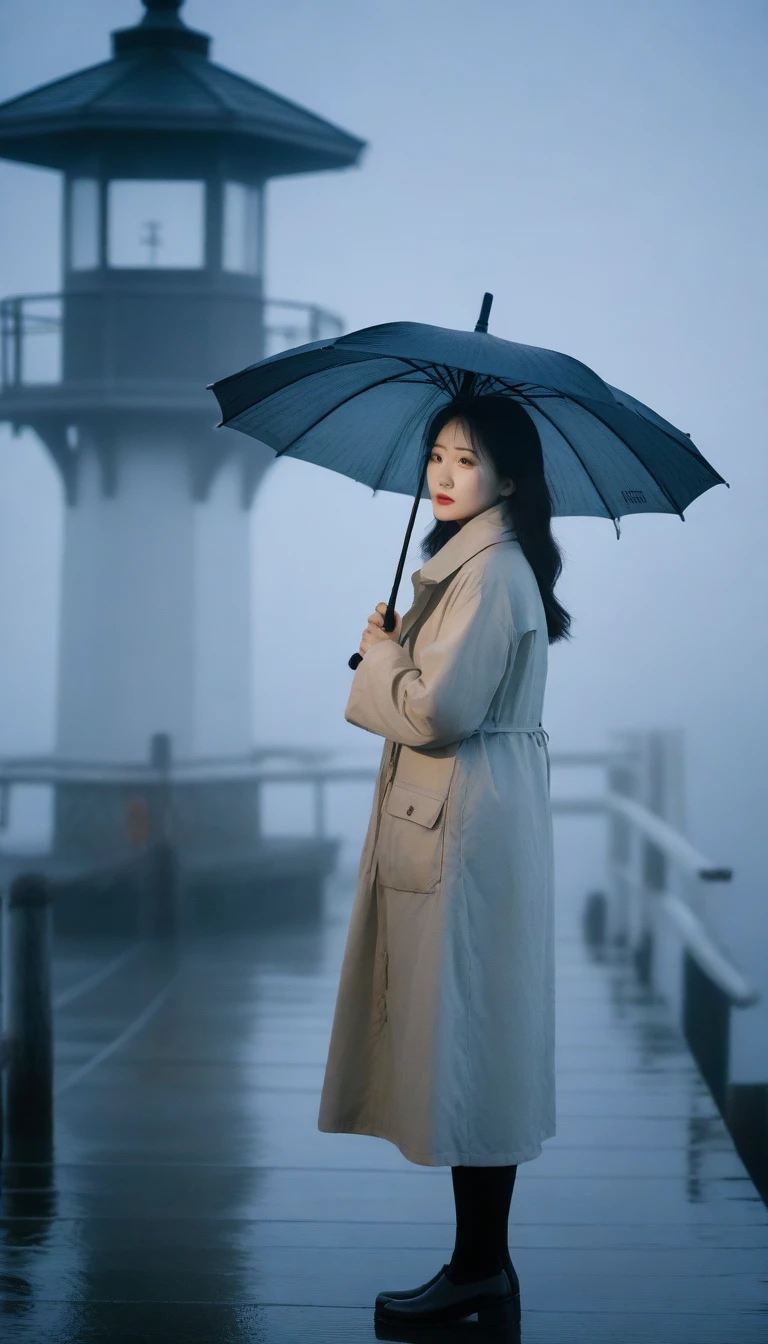 1 Korean woman in her 50s, solo, rain, Fog, cold, boring, , pier, only, lighthouse, Coast, The dim light shines in the Fog,and the figure stands in the Fog holding an umbrella, (명암대rain, cinematic lighting, shadow, film grain, anatomically correct, accurate, Awards, 8K) realistic photo