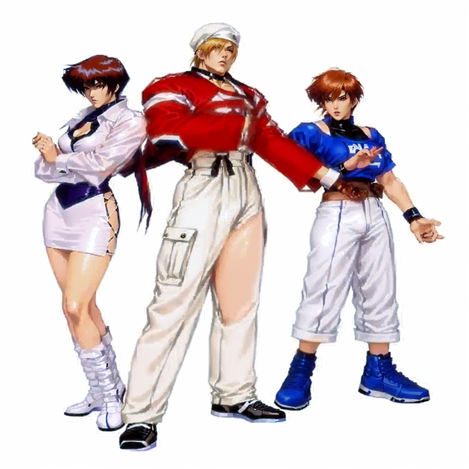 Some anime characters close to each other, king of fighters character, king of fighters style, Kusanagi, of the virtual fighter, Early 90s CG, fighting game character, as a character in Tekken, Shin Megami, in fighter poses, snk, fujita goro and jones, each wearing period-correct clothing, posture of fight