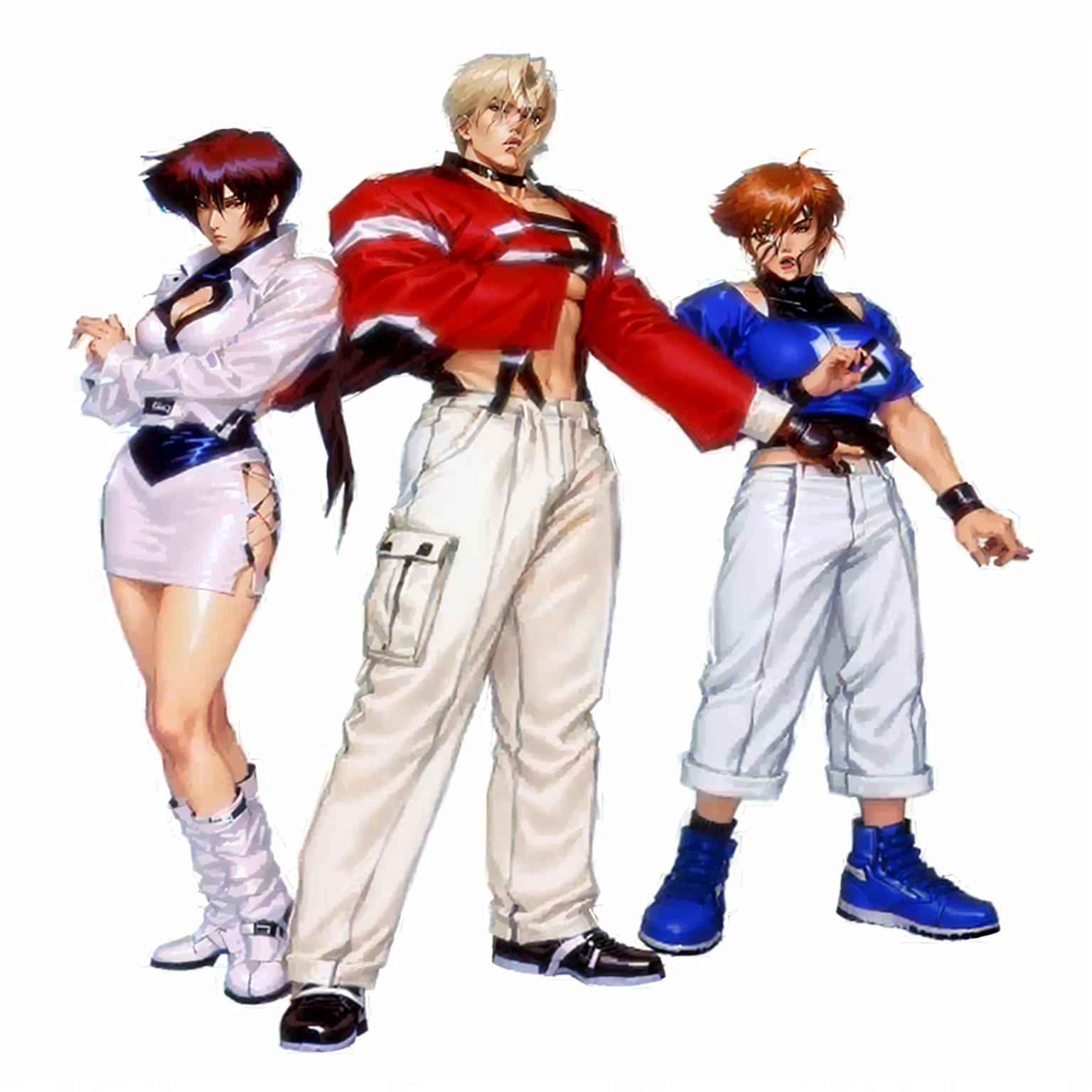 Some anime characters close to each other, king of fighters character, king of fighters style, Kusanagi, of the virtual fighter, Early 90s CG, fighting game character, as a character in Tekken, Shin Megami, in fighter poses, snk, fujita goro and jones, each wearing period-correct clothing, posture of fight