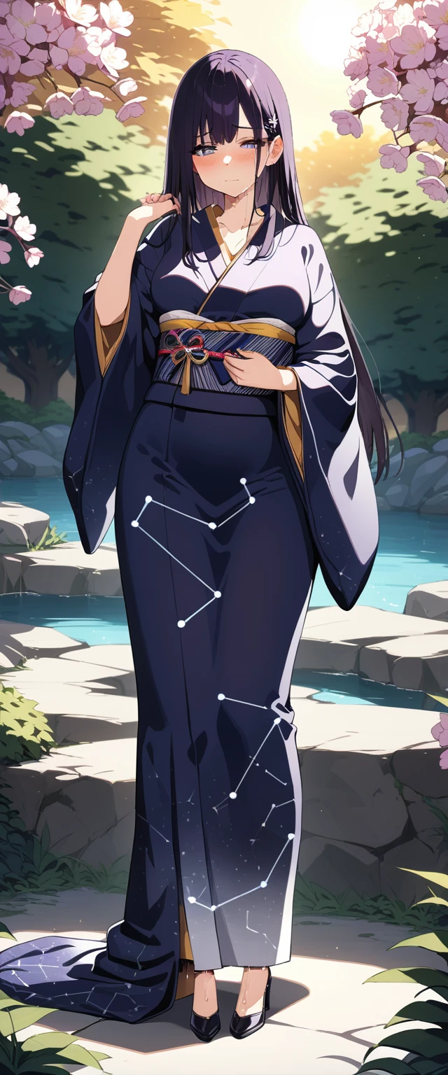 (masterpiece:1.37), best quality, (extremely detailed:1.37), (1girl:1.5), woman, (mature:1.5), (adult:1.5), large breasts, very long hair, (straight hair:1.5), (very dark purple hair:1.5), purple eyes, (extremely detailed eyes:1.37), (furisode:2.0), (constellation-print furisode:1.5), desperation, (wetting self:2.0), standing, embarrassed, humiliation, blushing, angry, cherry blossoms, garden, (golden hour:1.5), full body