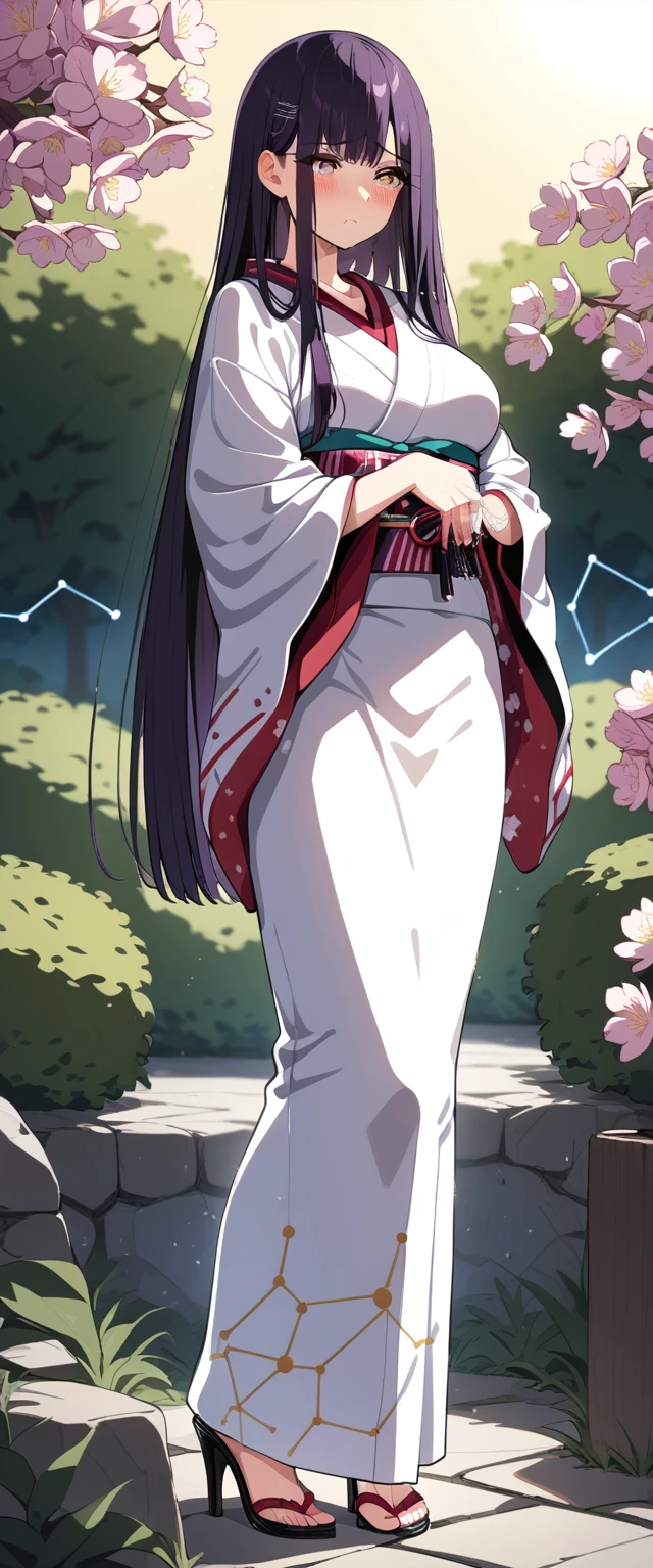 (masterpiece:1.37), best quality, (extremely detailed:1.37), (1girl:1.5), woman, (mature:1.5), (adult:1.5), large breasts, very long hair, (straight hair:1.5), (very dark purple hair:1.5), purple eyes, (extremely detailed eyes:1.37), (furisode:2.0), (constellation-print furisode:1.5), desperation, (wetting self:2.0), standing, embarrassed, humiliation, blushing, angry, cherry blossoms, garden, (golden hour:1.5), full body