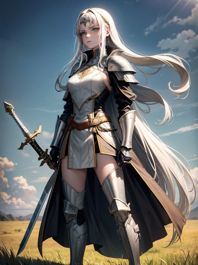 Portrait, Beautiful, majestic, warrior woman, solo-girl, long amber hair, pale white skin, green eyes, narrow eyes, black battle coat, grey shoulder pads, grey gauntlets, grey metal boots, holding a sword, standing in a grassy field