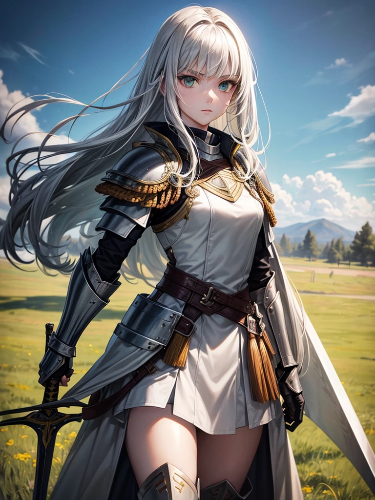Portrait, Beautiful, majestic, warrior woman, solo-girl, long amber hair, pale white skin, green eyes, narrow eyes, black battle coat, grey shoulder pads, grey gauntlets, grey metal boots, holding a sword, standing in a grassy field
