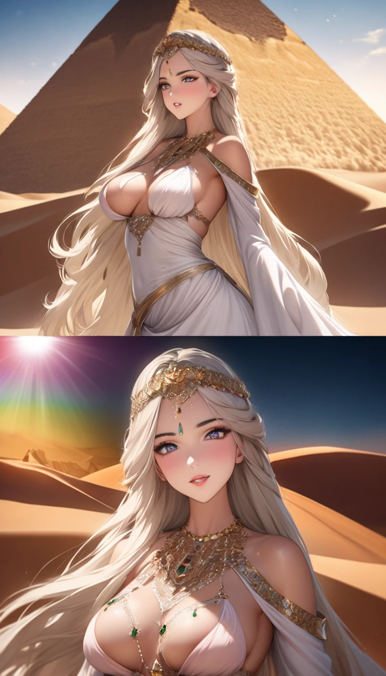 Highest quality, Highest quality, 16K, SFW, Unbelievably absurd, Very detailed, delicate and dynamic, Natural light, The particles reflect the colors of the rainbow, Diffuse reflection of light, Vortex of Light, There are many sandstorms, Beautiful desert, Shining Sun, Sand Dunes, Create amazing image effects, Upper body close-up, pyramid, (Cute sexy girl, bouncing chests, Sensual expression, Passionate, Hilarious, Vibrant, Arab royalty, Arabian Princess, Arabian Long Dress, Gorgeous dress, Lavish decoration, army,   )