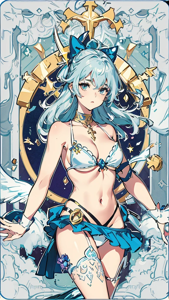 tarot cards,Hands together,Vulcan salute,attention, There is a halo behind the head,finely_detailed, perfect_Body, perfect_Eye, perfect_Face, perfect_finger,Yu-Gi-Oh card game style、(((Voluminous breasts 1.8)))、(((micro bikini 1.4)))、(Saggy breasts 1.4)、(Cleavage 1.4),Seductive pose、Random Pause、cowboy shot、
(The Virgo symbol is depicted on the card frame 1.3)、Three-dimensional depiction that seems to emerge from the card, ultra-detailed depiction, artistic、A pose that makes it seem as if the person is coming out of the card、The card frames are drawn in super-beautiful detail, perfect anatomy, perfect fingers, super beautiful faces, stunning beauties aged 16 to 30、Greek mythology sculpture style background、Super beautiful eyes, and the card frame features illustrations of the moon, sun, stars, and golden coins、The card frame features an illustration of a sword and shield、Card colors are random、Depicts the symbol of Virgo、Write the letter Virgo、Write Leo on the top of the tarot card.May the person who sees the tarot card be happy、Write the word "Virgo" in embossed letters on the tarot card、Magic wand, spear, bow and arrow, guitar, fire, water, earth, wind, dagger, pen, sword, crossbow, large shield, gloves, fishnet stockings、Flowers, leaves, good luck, four leaf clover、Scattering jewels、Diamond, ruby, sapphire, topaz, blue sapphire, pearl, crystal,Virgo sign tattoo on body、Random hair color、Rainbow, red, blue, orange, yellow, purple, green, gold, silver, light blue, brown, white, yellow-green, navy blue, pink,
