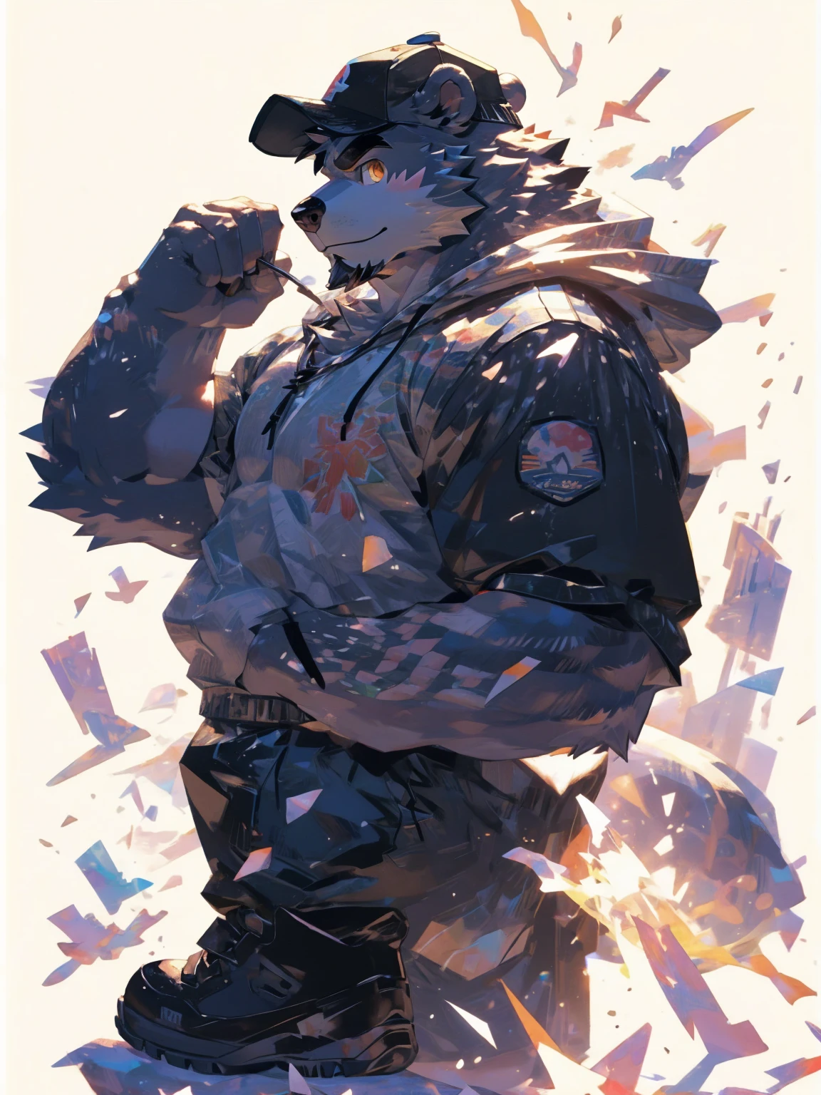 (masterpiece:1.2), best quality,pixiv,official art,perfect anatomy, (Ray tracing, light),solo, extreme detail, (1_male:1.3) , (muscle), (grey fur:1.4), (muscle bear), (beard:1.2), (gleaming golden eyes), bear tail, Thick black eyebrows, baseball cap, (open short hoodie), (naked inside),cargo shorts, black short boots, (pure white background: 1.3), (portrait:1.1), colorful bandage, border line