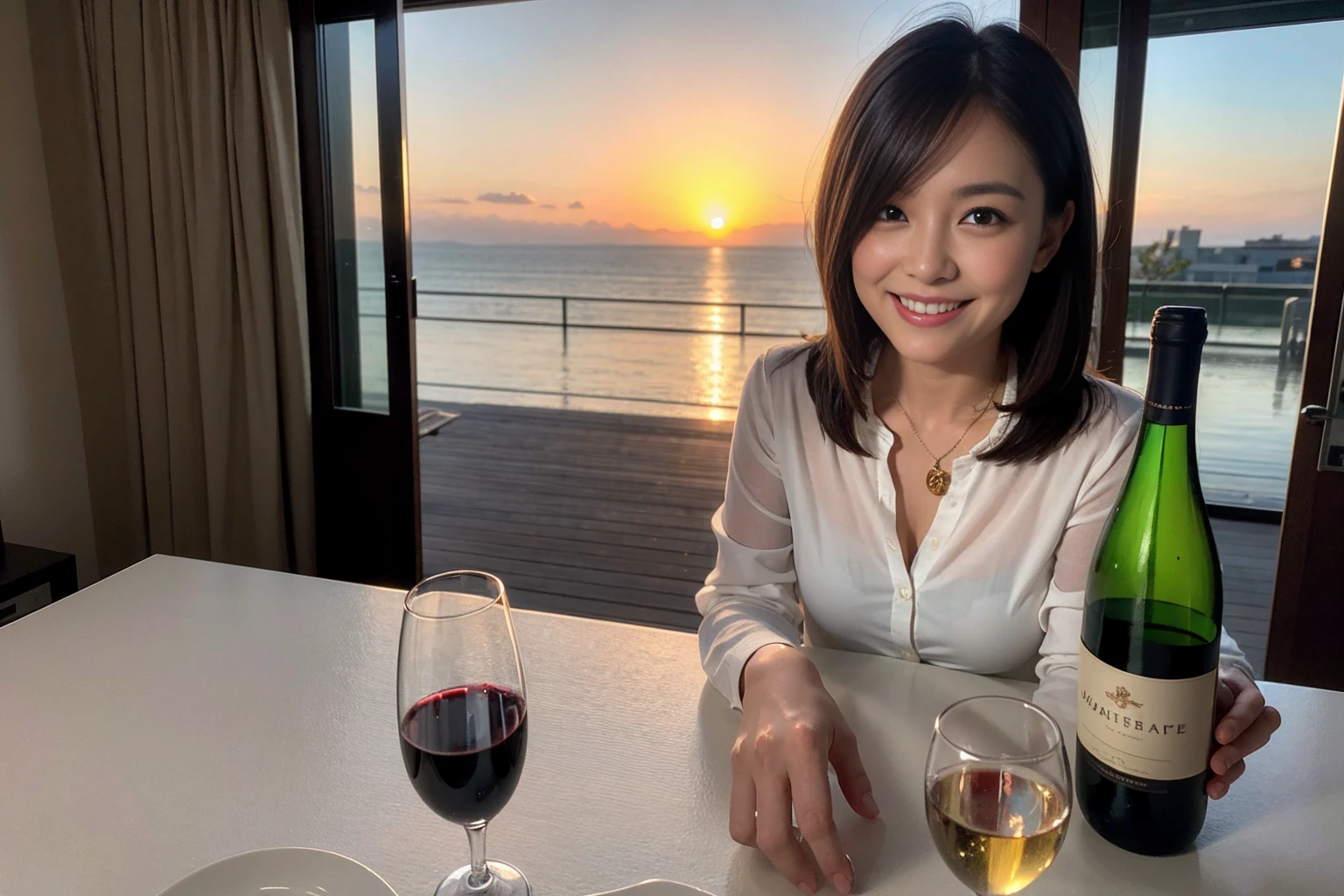 ((Highest quality、8K、masterpiece:1.3))、1 male 1 female,36 years old 39 years old、Slim Beauty、Beautiful couple、Upper Body、smile、 (Slim face), (the body is ス??), (Brown Hair), (Shortcuts), テーブルのフルコースディナーとwine glass、Amazing view of the sunset sky and clouds、smileの美しさ、Wine bottle、sparkling wine、Long sleeve shirt、dress、White wine, red wine, wine glass, Beautiful fine grain, Depth f/2,saturation, High Contrast, Strong light and shadow,Moist Body:1.5、 texture、The hair is very shiny、