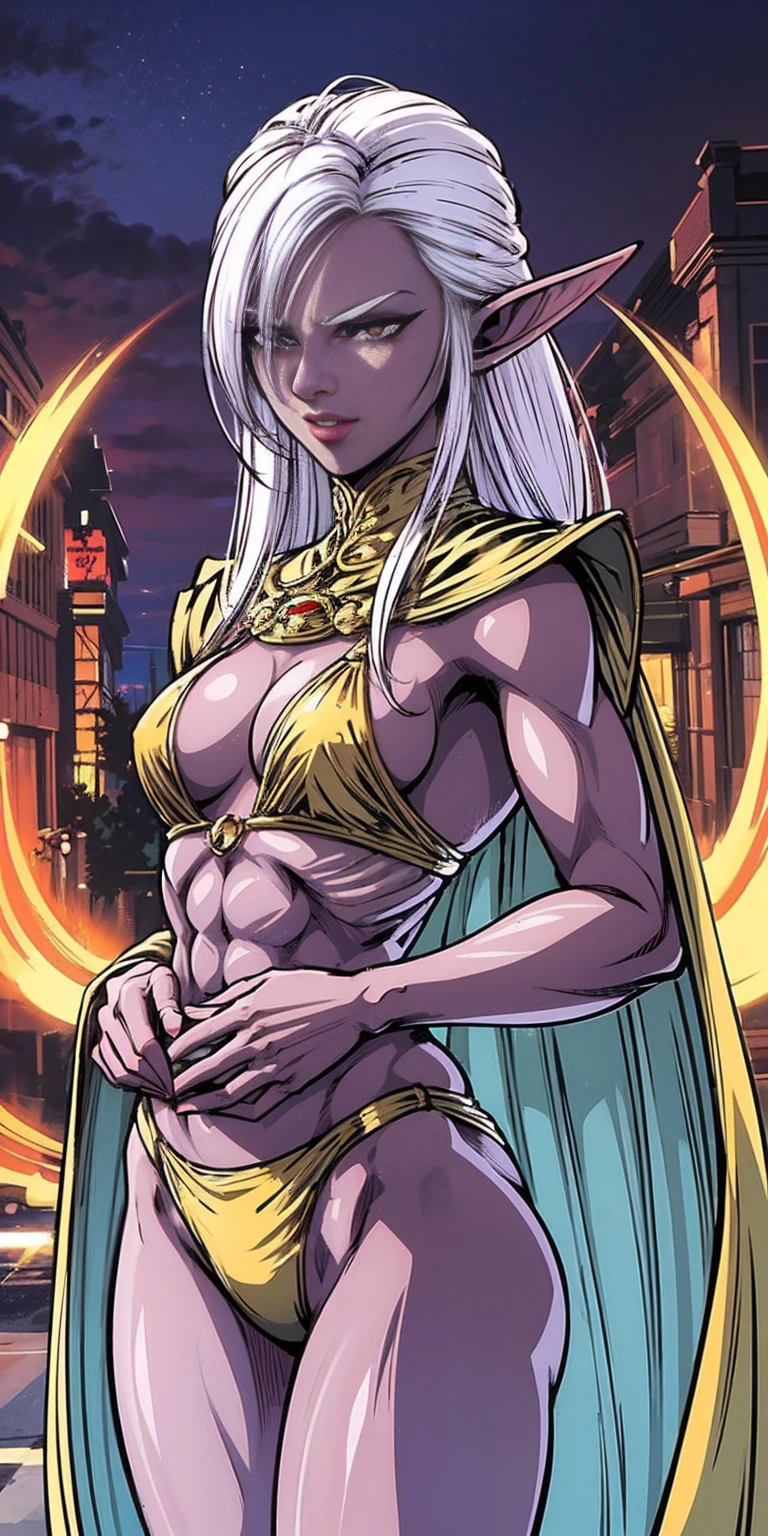 Subject:
1 Solo Female Drow Elf
Physical Description:
Purple Skin
Long White Hair
Strong Body with Abs
Shiny Skin (Ultra Quality)
Attire:
Yellow Tiger Bikini (underneath)
Red Cape (flowing)
Pose:
Standing Pose
Background:
Cinematic Street Scene (Atmospheric, 8K)
Additional Notes:
Red sunglasses